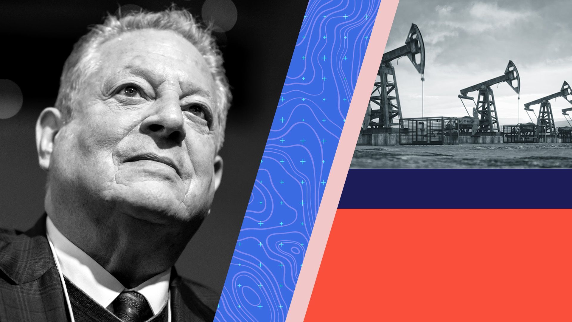 Photo illustration of Al Gore next to various shapes and a photo of an oil field