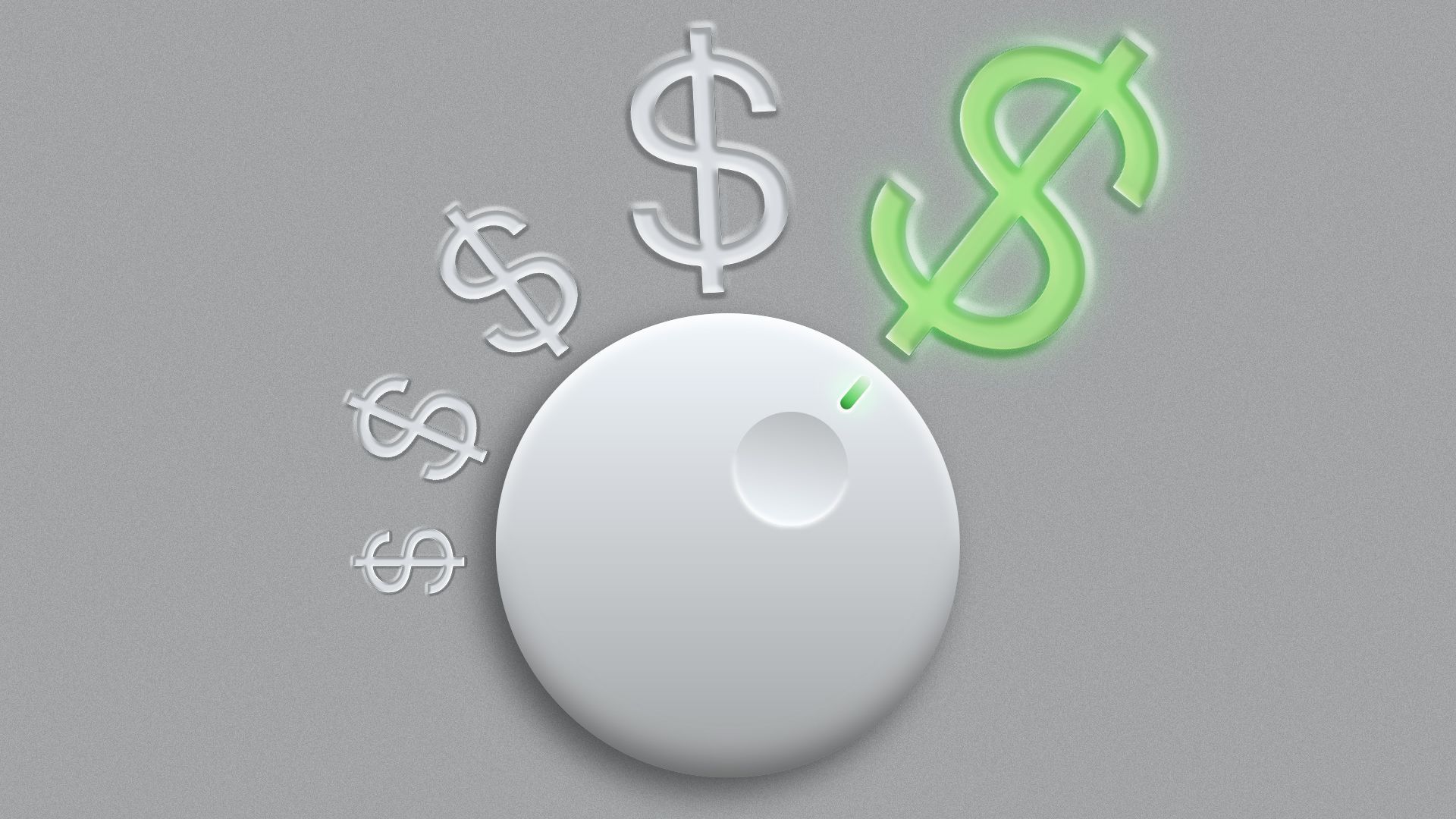 Illustration of a knob turning towards dollar bill signs of increasing size. 