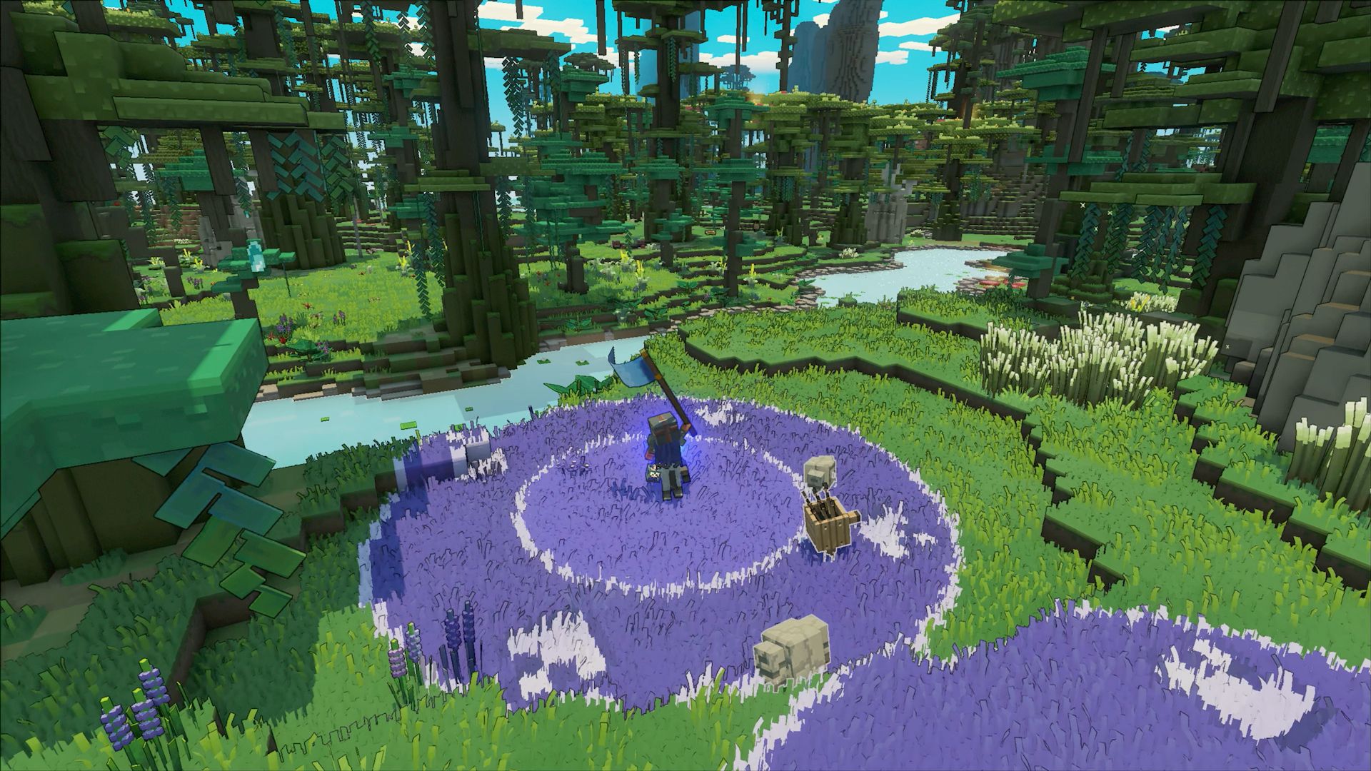 Video game screenshot of blocky warriors in a forest