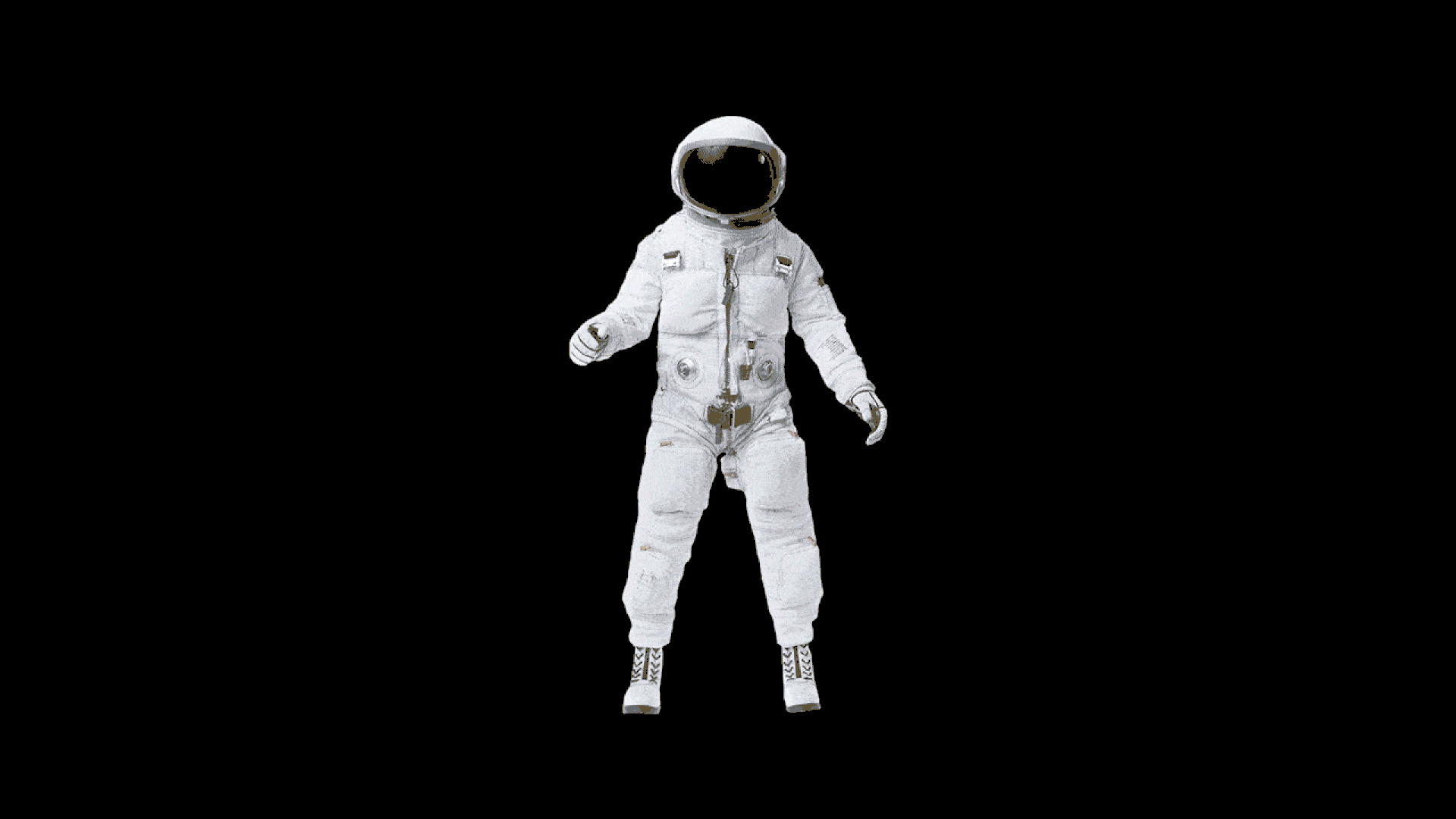 Animated illustration of a hovering astronaut with radiation symbols bouncing off of them.