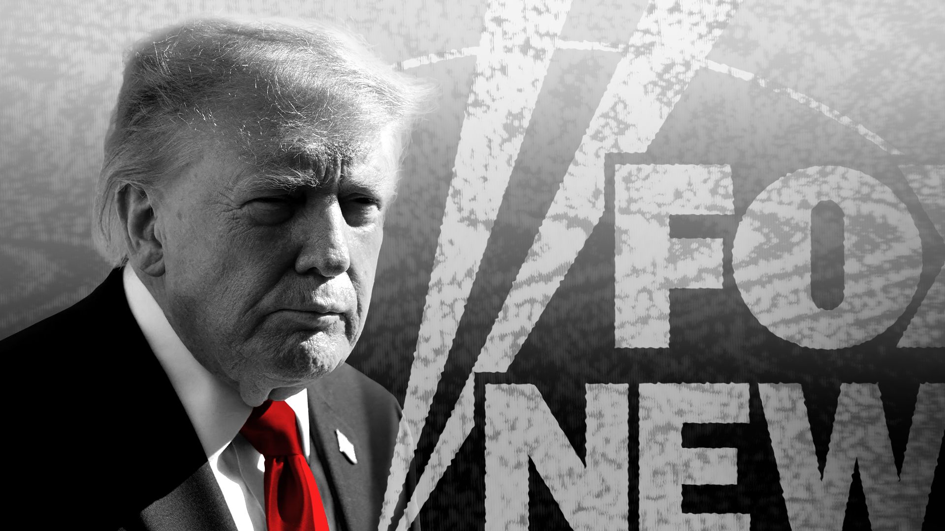 Photo illustration of President Trump glaring at the Fox News logo with an overlay of television snow in the background