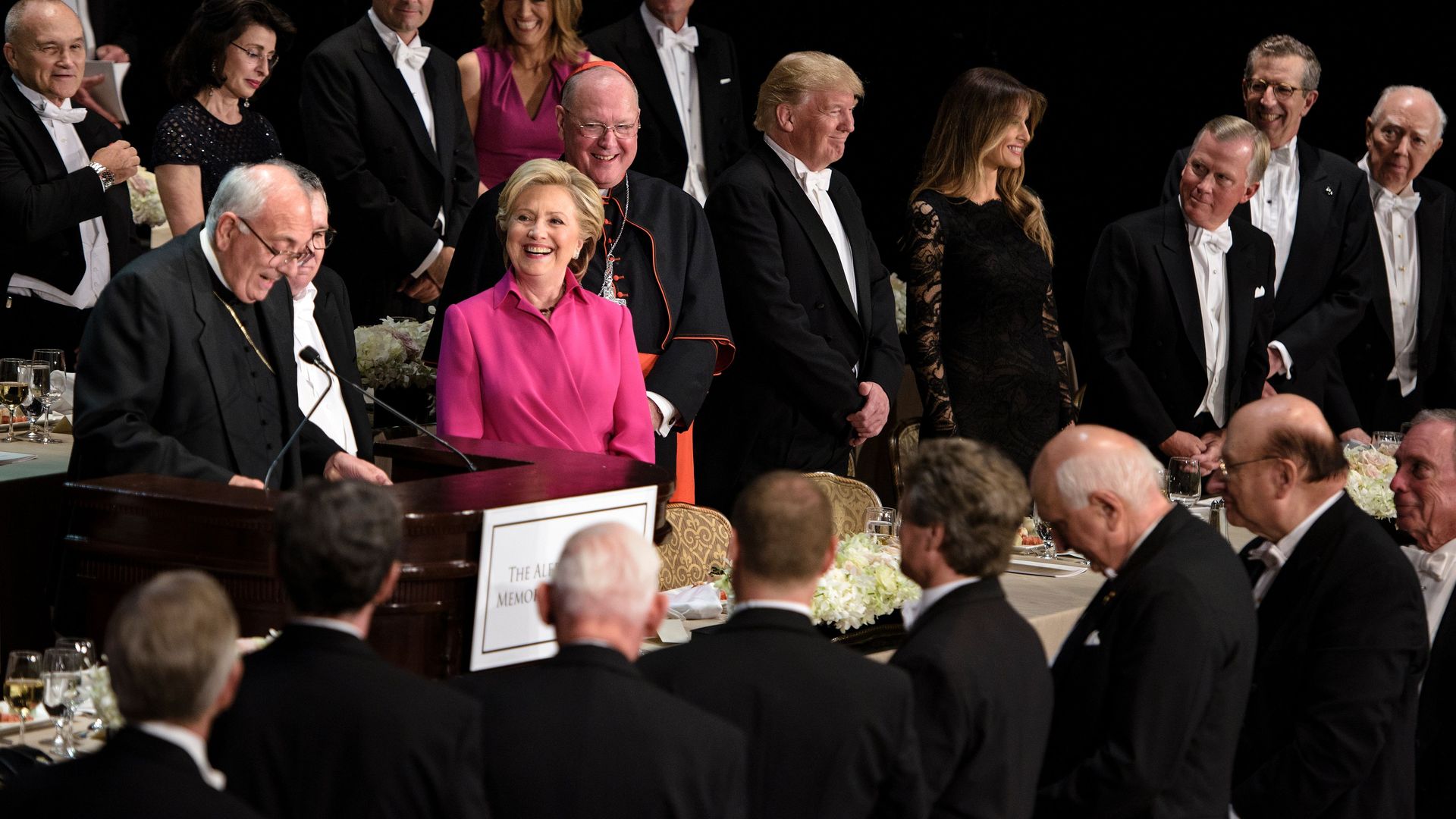 Attendees at the 2016 Alfred E. Smith Memorial Foundation dinner are mostly white men in tuxedos. Hillary Clinton and Donald Trump attended. 