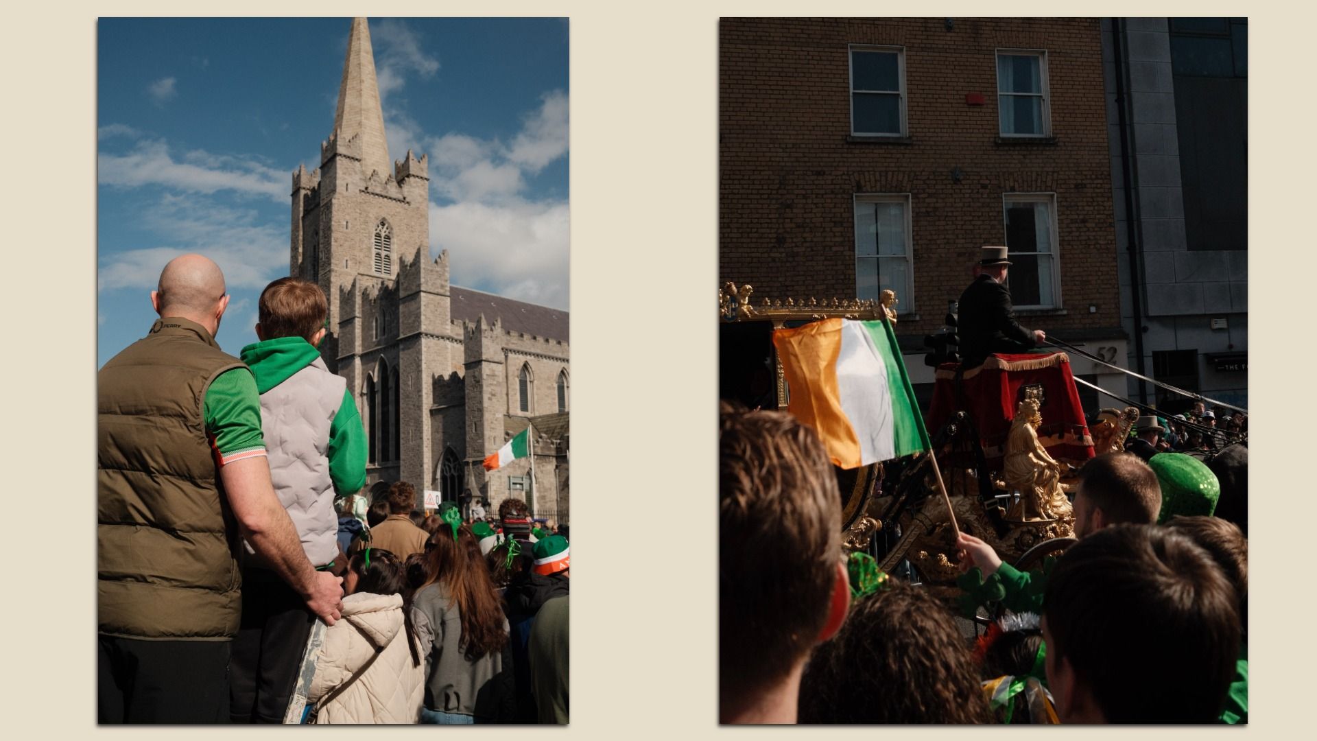 Two photos from a St. Patrick's Day parade: left shows a crowd before a tall stone church with a spire and many in green; right shows a gilded carriage with Irish colors and a driver in a hat.