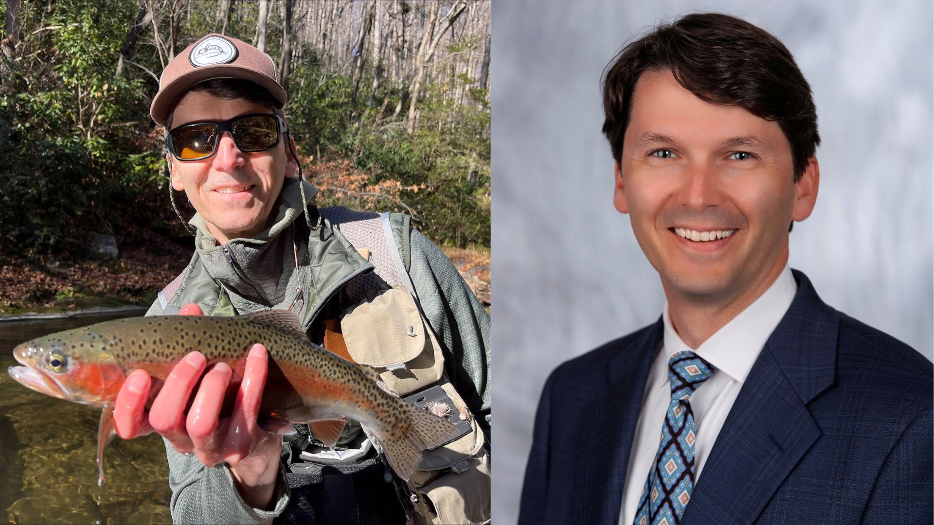 Two images: the left is a man holding a fish; one the right is a man wearing business attire. 