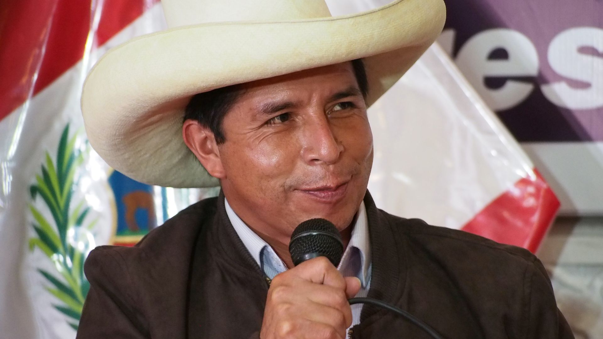  Pedro Castillo, Leftist candidate to the presidency of Peru by Peru Libre party, gives a press conference  in Peru on July 15.