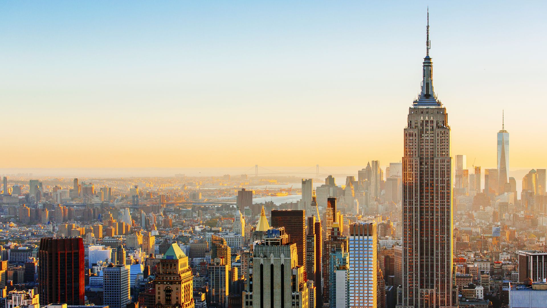 Manhattan skyline on a sunny day Empire State Building on the right, New York, United States