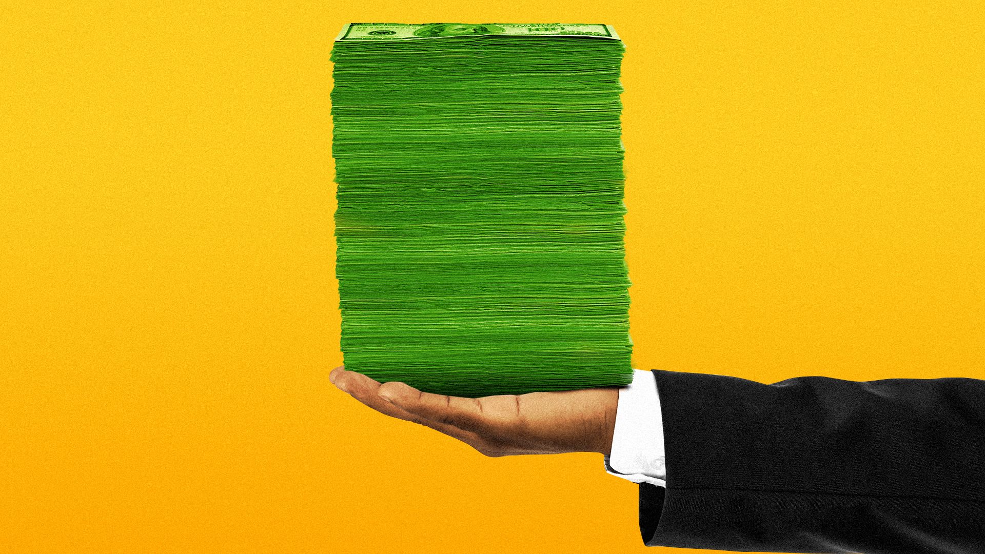 Illustration of a hand holding a very large stack of money.