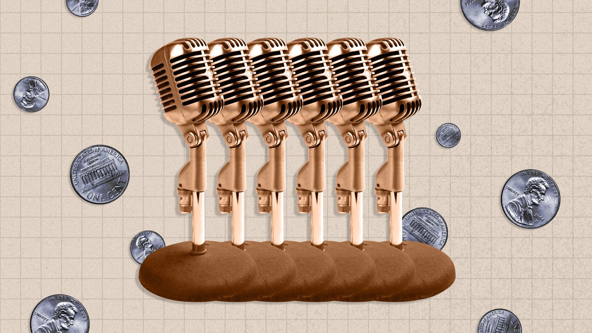 Illustrated collage of a microphone with pennies falling all around.