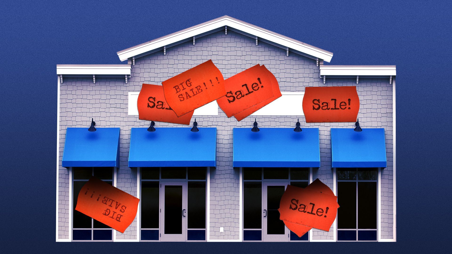 Illustration of a retail building covered in sale stickers