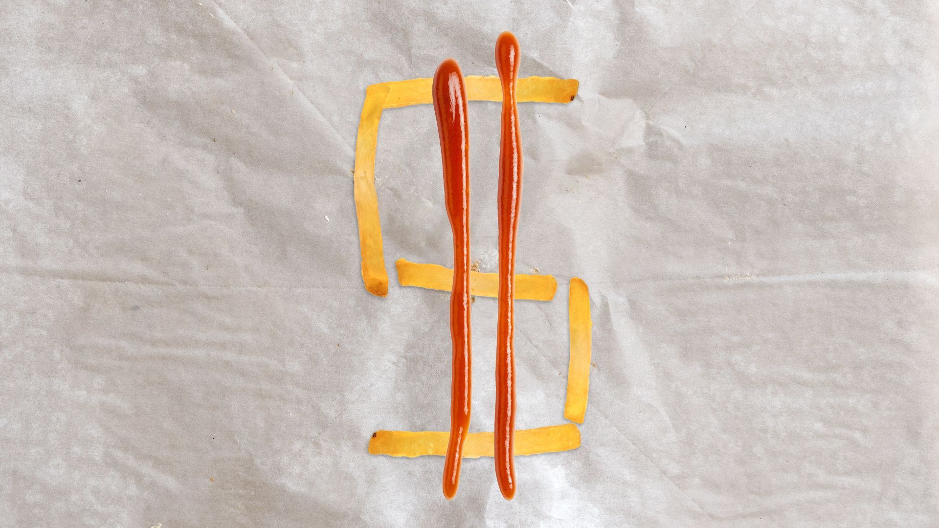 Illustration of fries and ketchup making a dollar sign