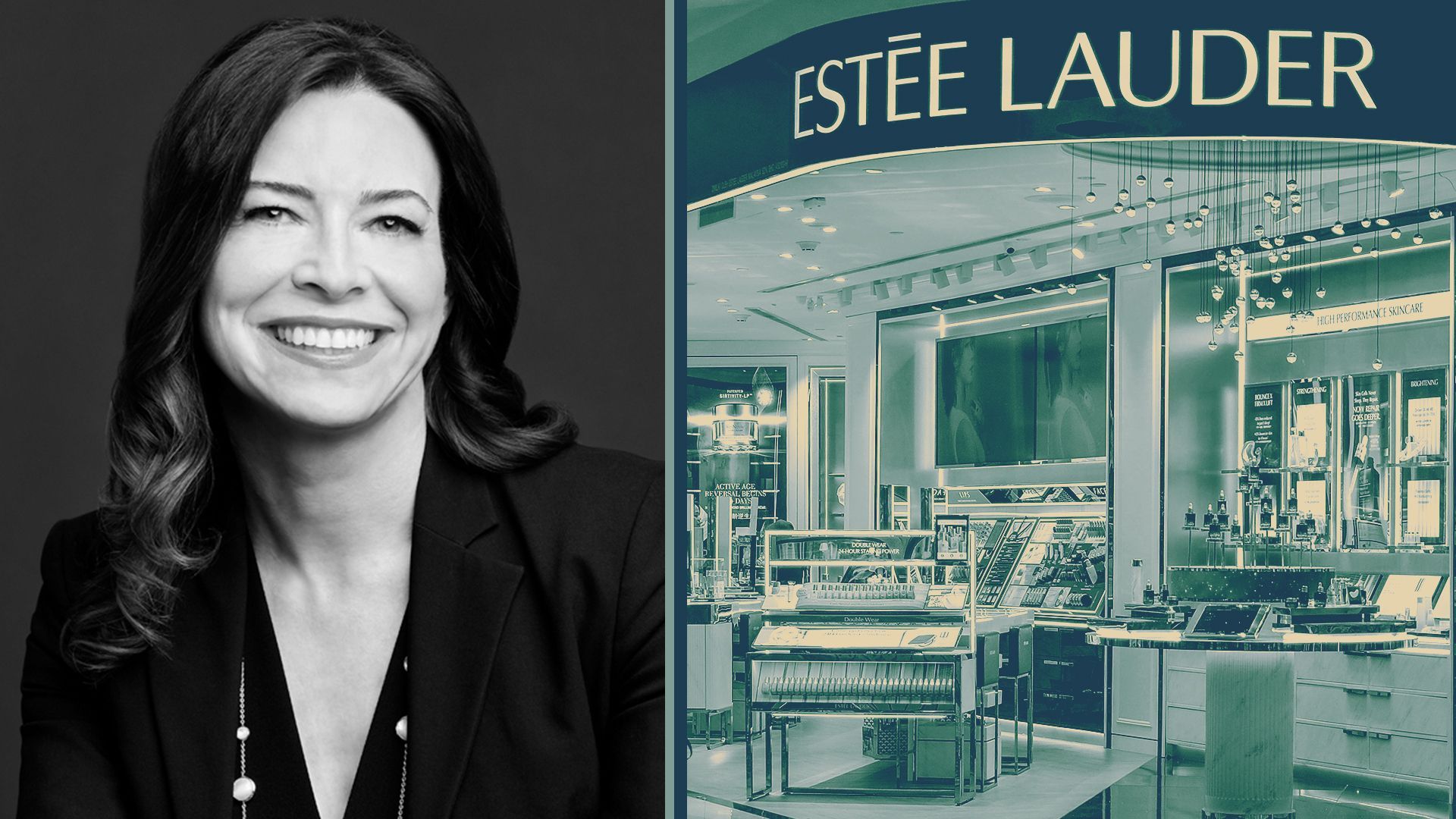 Photo illustration of Meridith Webster next to a photo of an Estée Lauder sales counter.