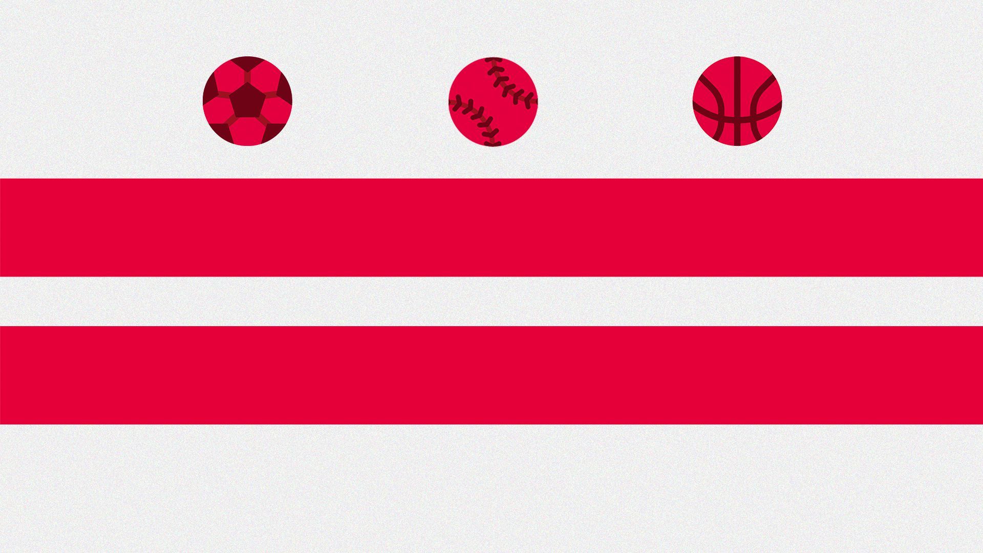 Illustration of the flag of Washington DC. The three stars are replaced with a basketball, a baseball and a soccer ball. 