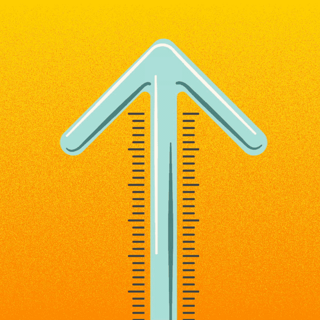 Illustration of a thermometer shaped like an upwards arrow, with the mercury rising.