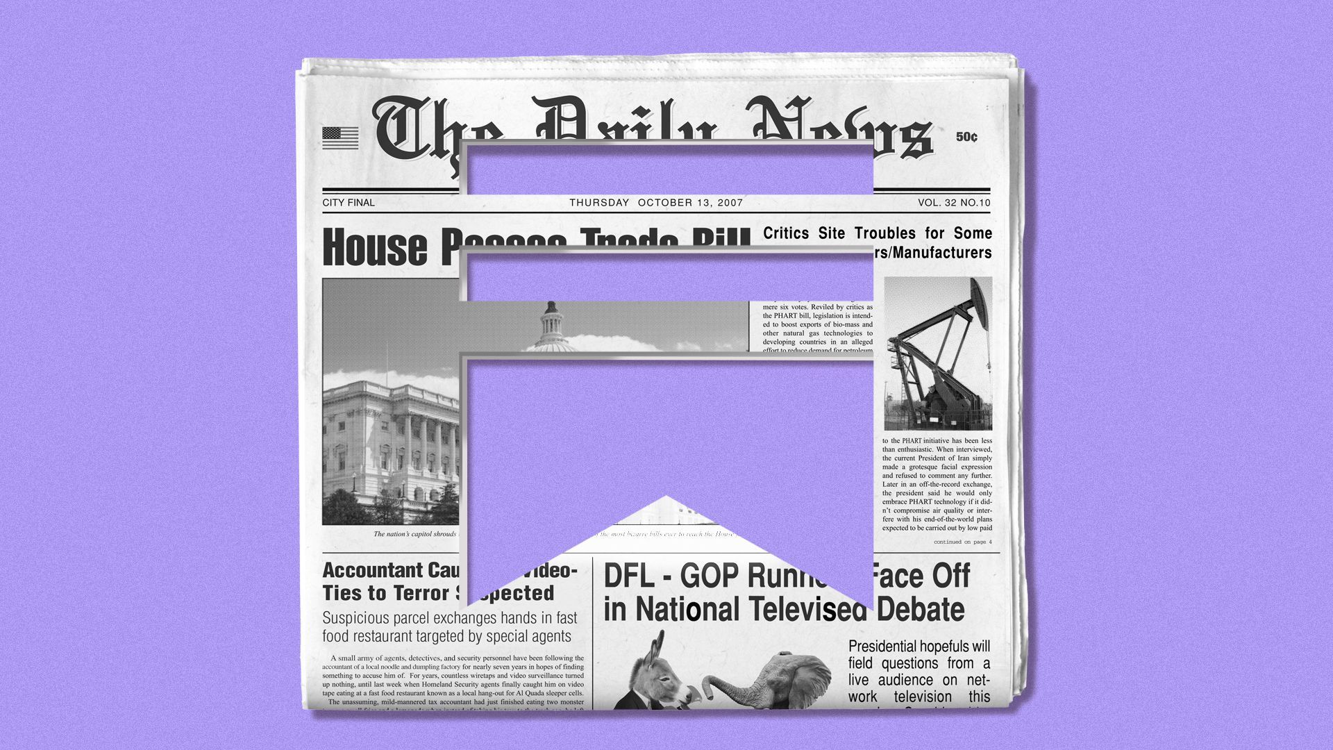 Illustration of a newspaper with a Substack logo cut out of it