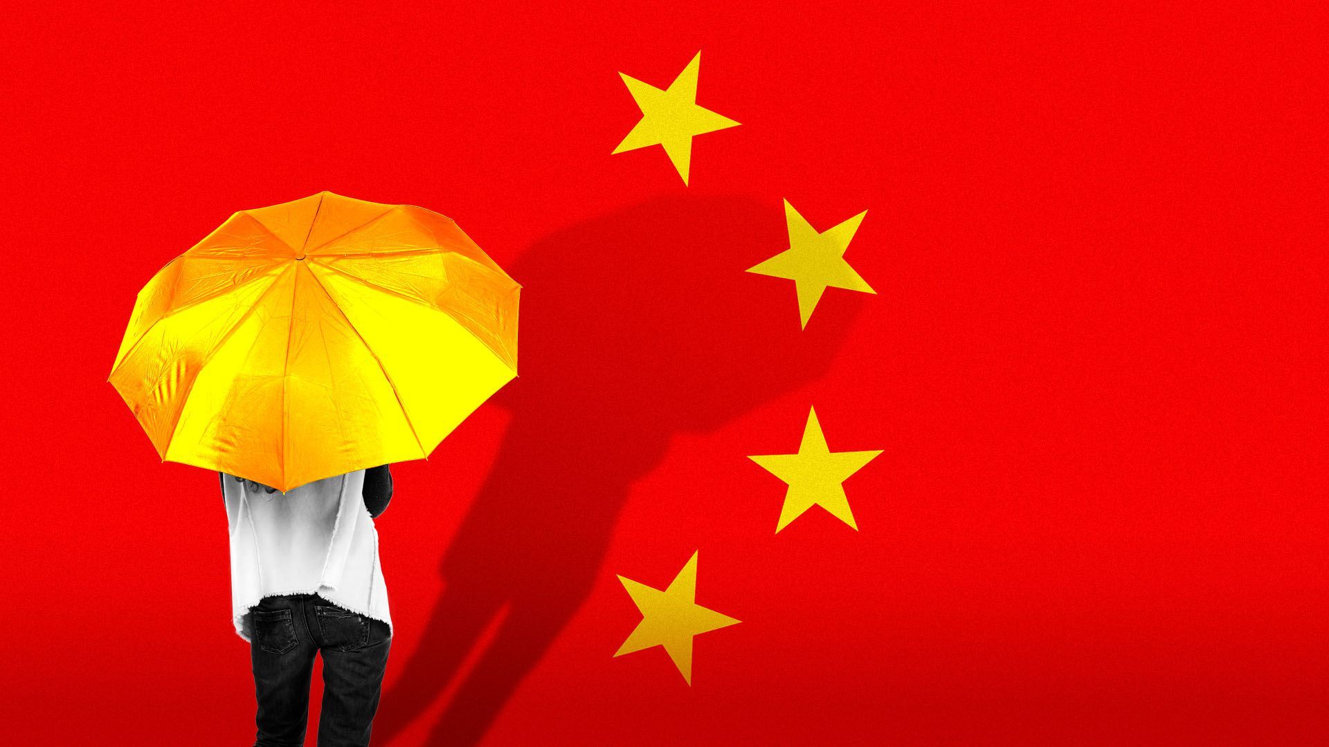 Illustration of the Chinese flag with a Hong Kong umbrella movement protestor standing over the biggest star