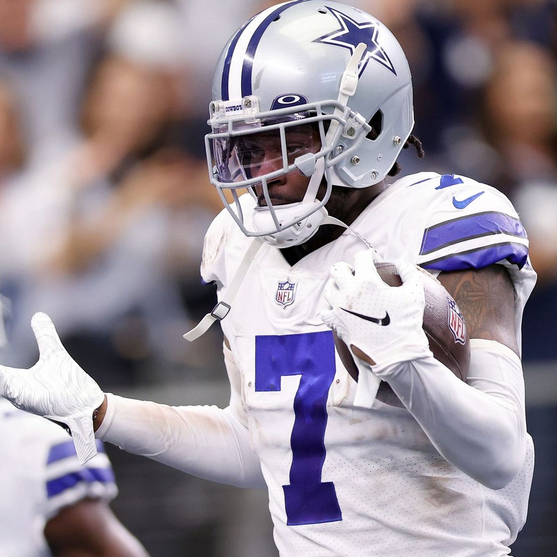 Trevon Diggs of the Dallas Cowboys intercepts a pass against the News  Photo - Getty Images