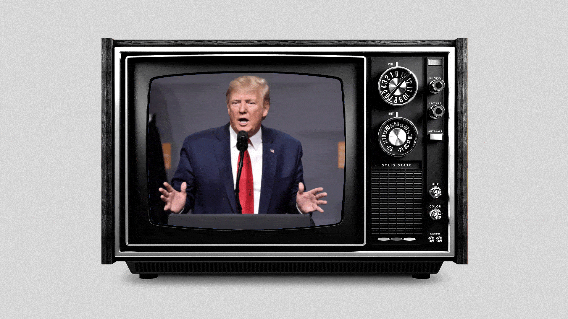 Animated illustration of a television showing President Donald Trump going in and out of focus.