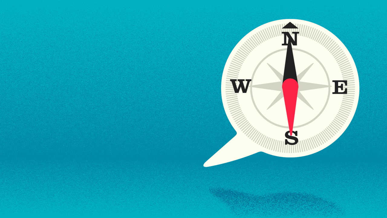 Animated illustration of a compass shaped like a word balloon, with the needle spinning in all directions.