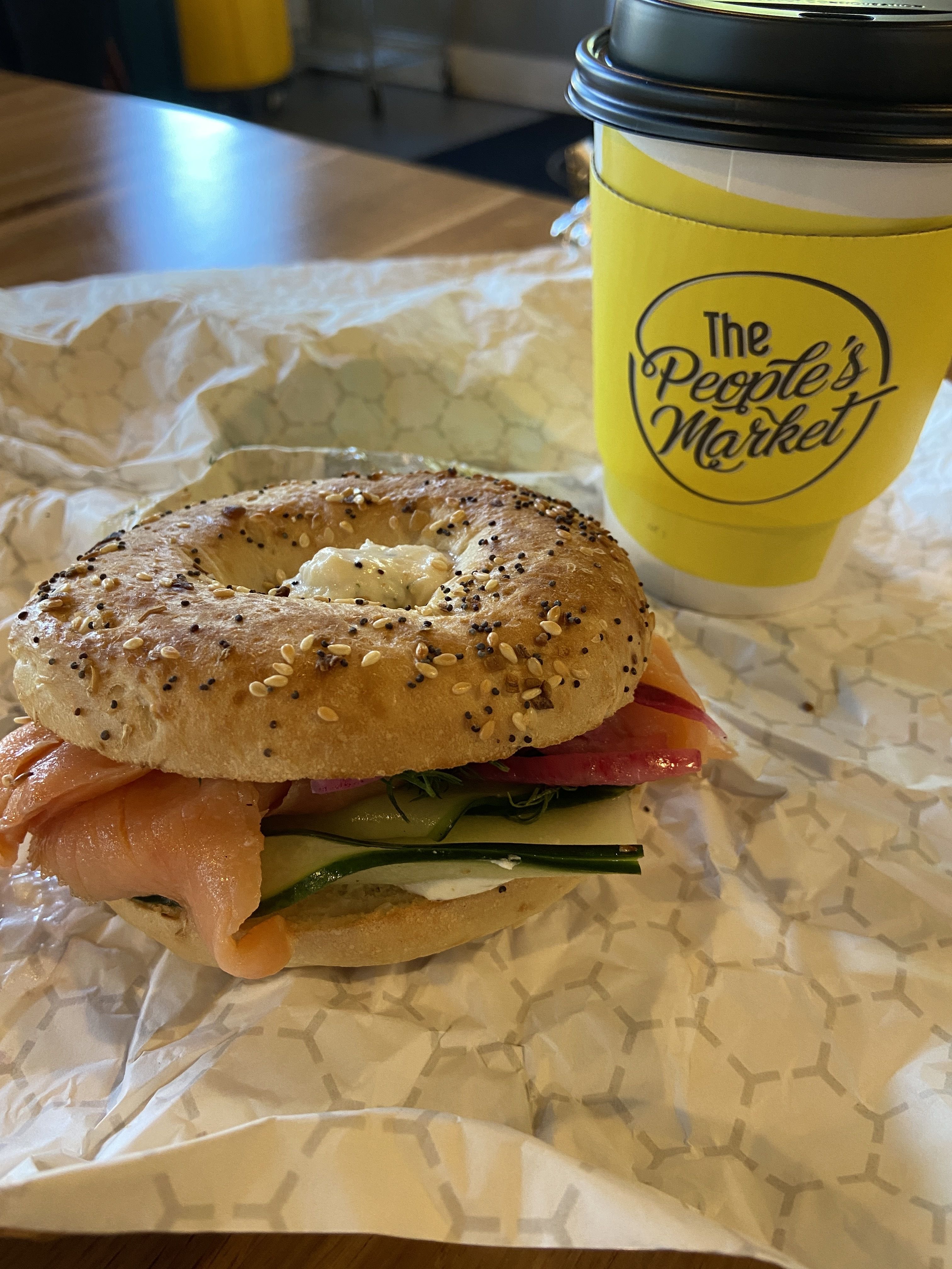 Smoked salmon bagel and chai latte