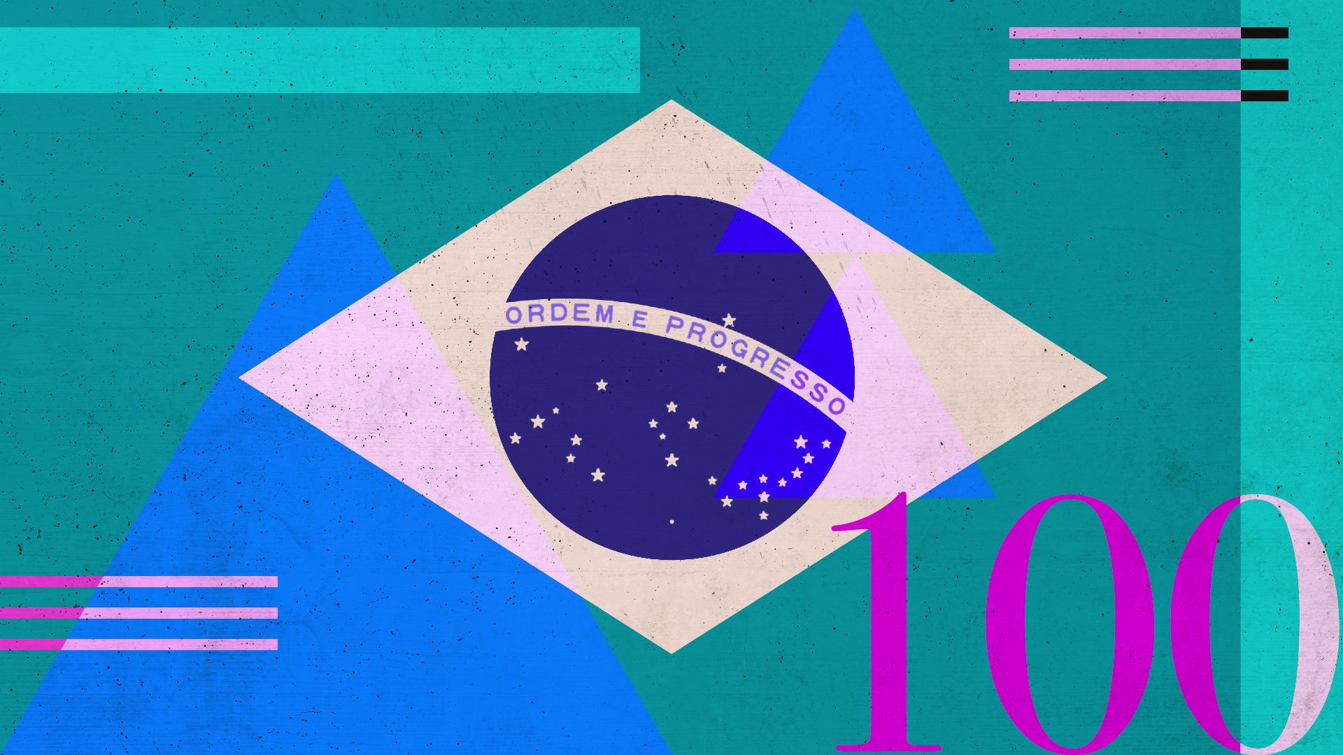 Illustration of the Brazilian flag with a collage of various lines, rectangles, triangles, and numbers