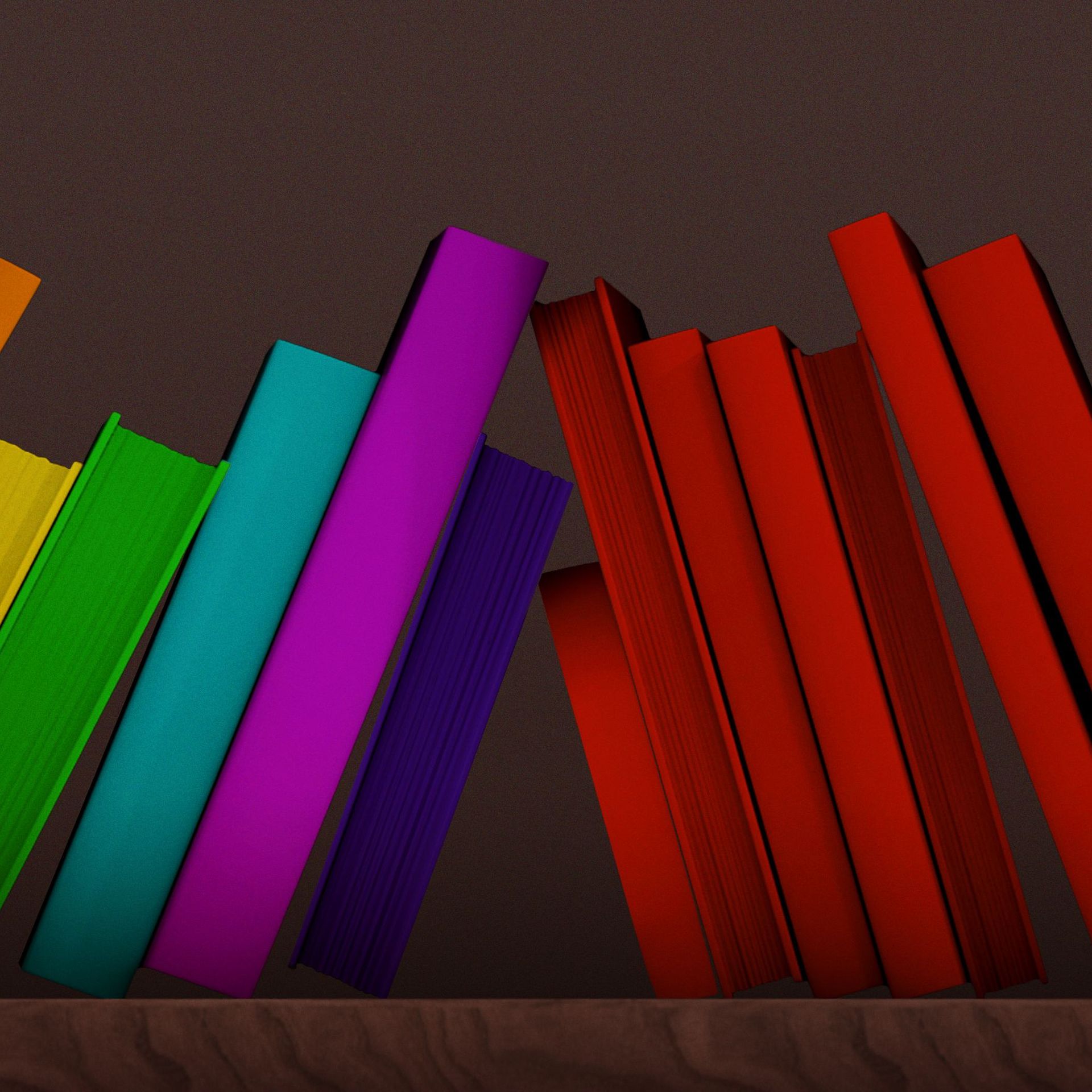 Illustration of a stack of rainbow and a stack of red books leaning on each other. 