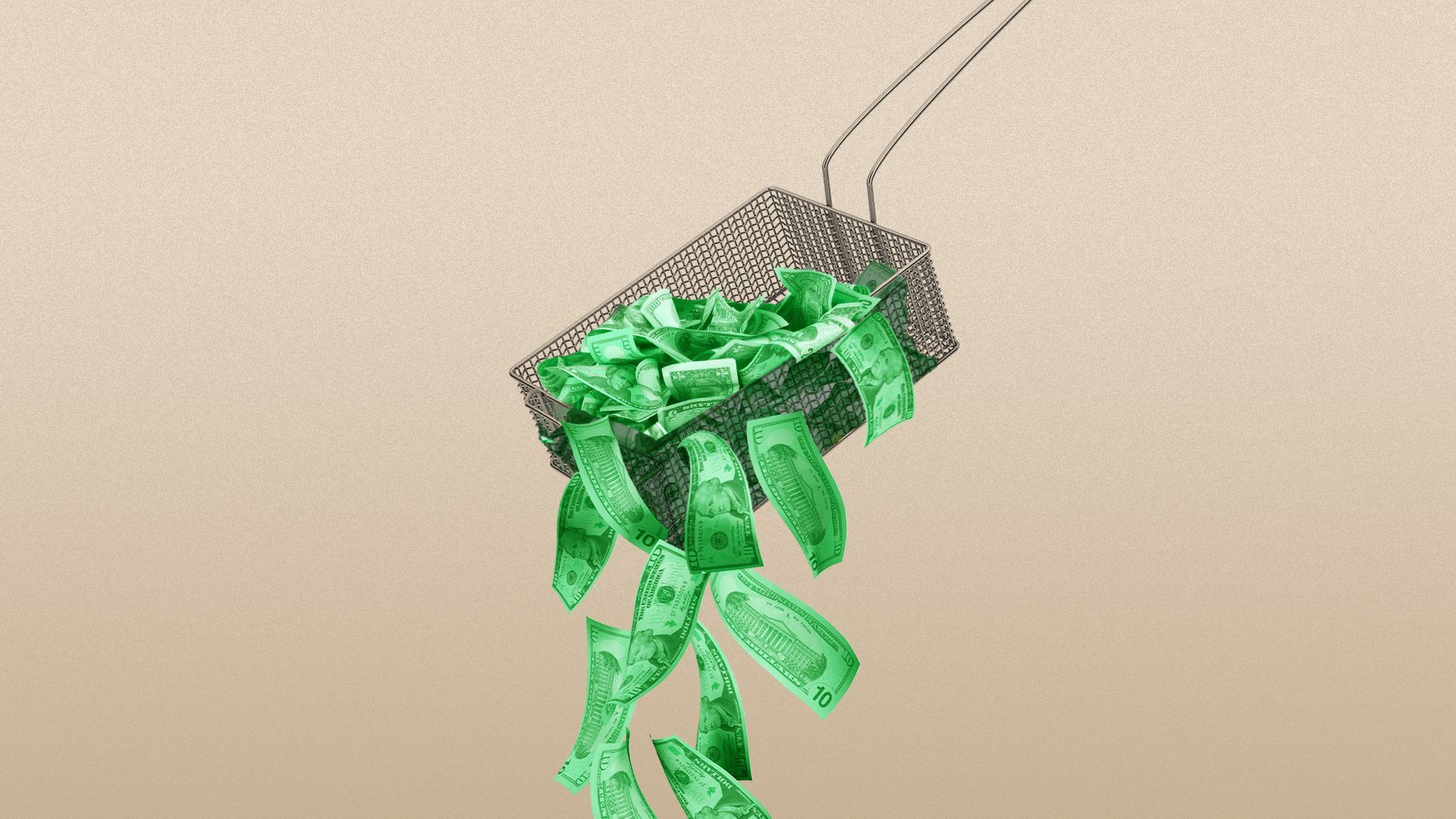 Illustration of a metallic french fry basket pouring out a pile of cash.