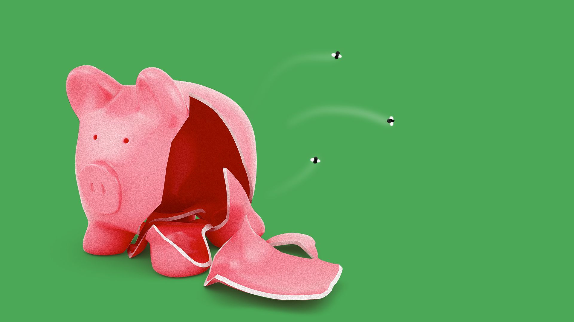 Illustration of a broken empty piggy bank with flies coming out.  
