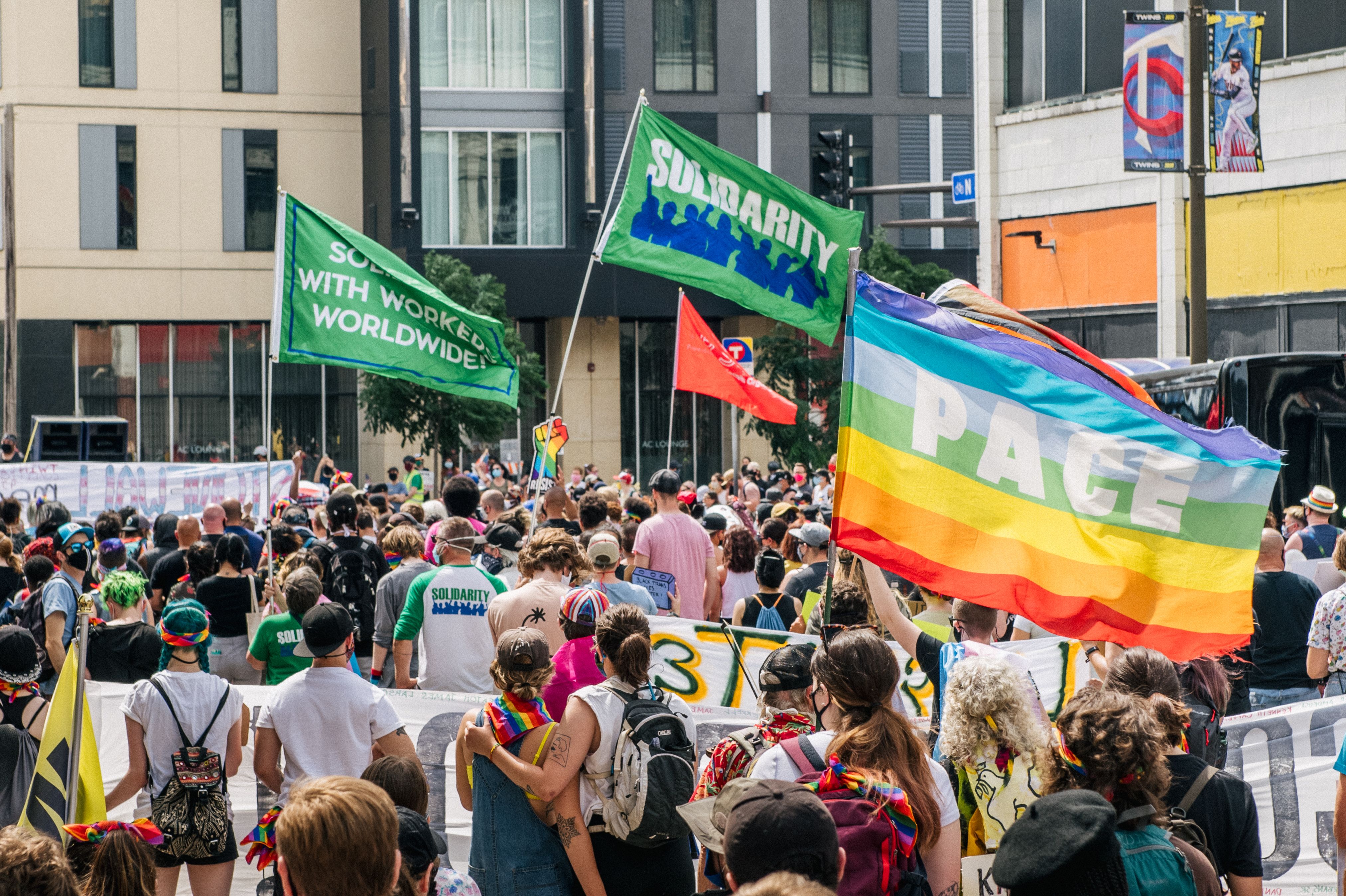  People gathered in front of the Minneapolis First Precinct during a Pride march on June 28, 2020 in Minneapolis, Minnesota.