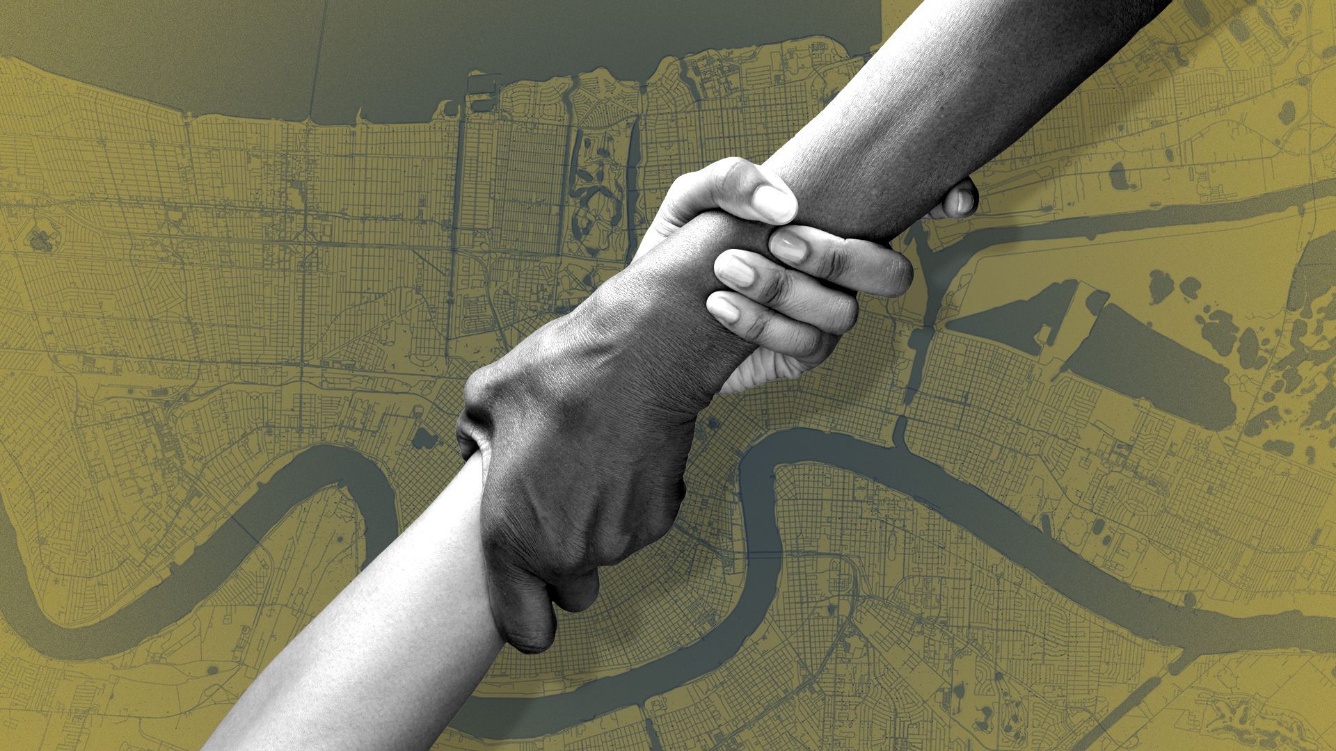 Illustration of a woman's hand holding another woman's hand over a map of New Orleans.