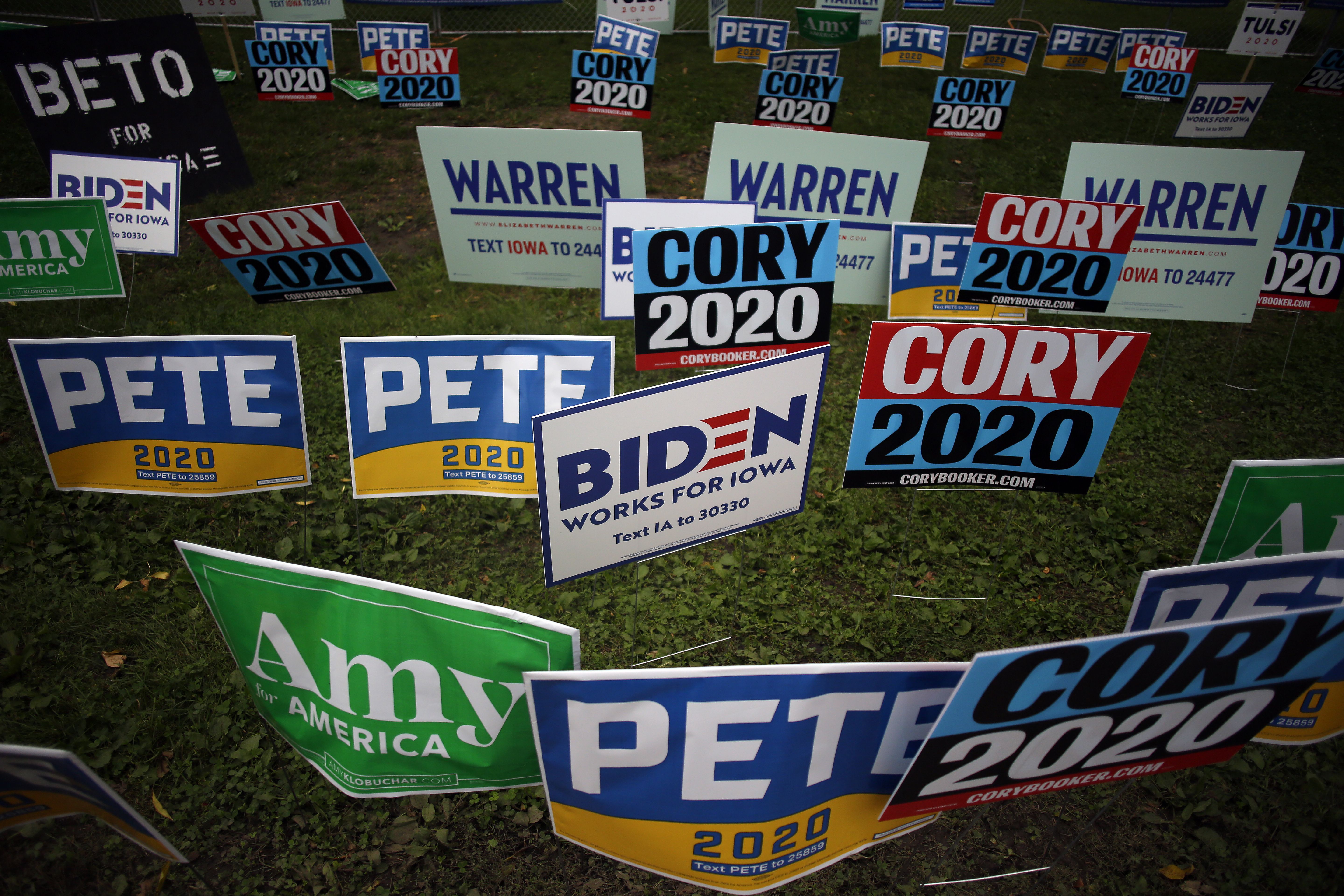 Democratic presidential campaign signs are displayed during the Democratic Polk County Steak Fry on September 21, 2019 in Des Moines, Iowa. 