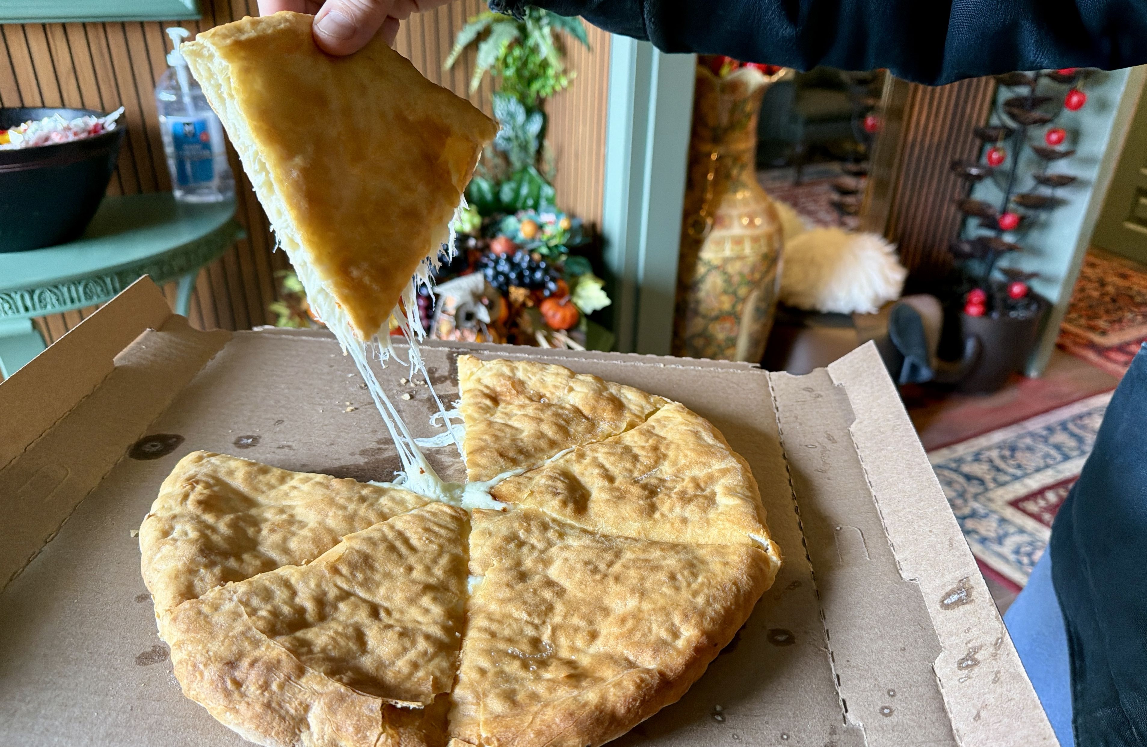 A hand lifts a triangular slice of golden cheese pizza from a cardboard box, stringy cheese stretching to the remaining slices; a cozy living room with plants and decor sits in the background.