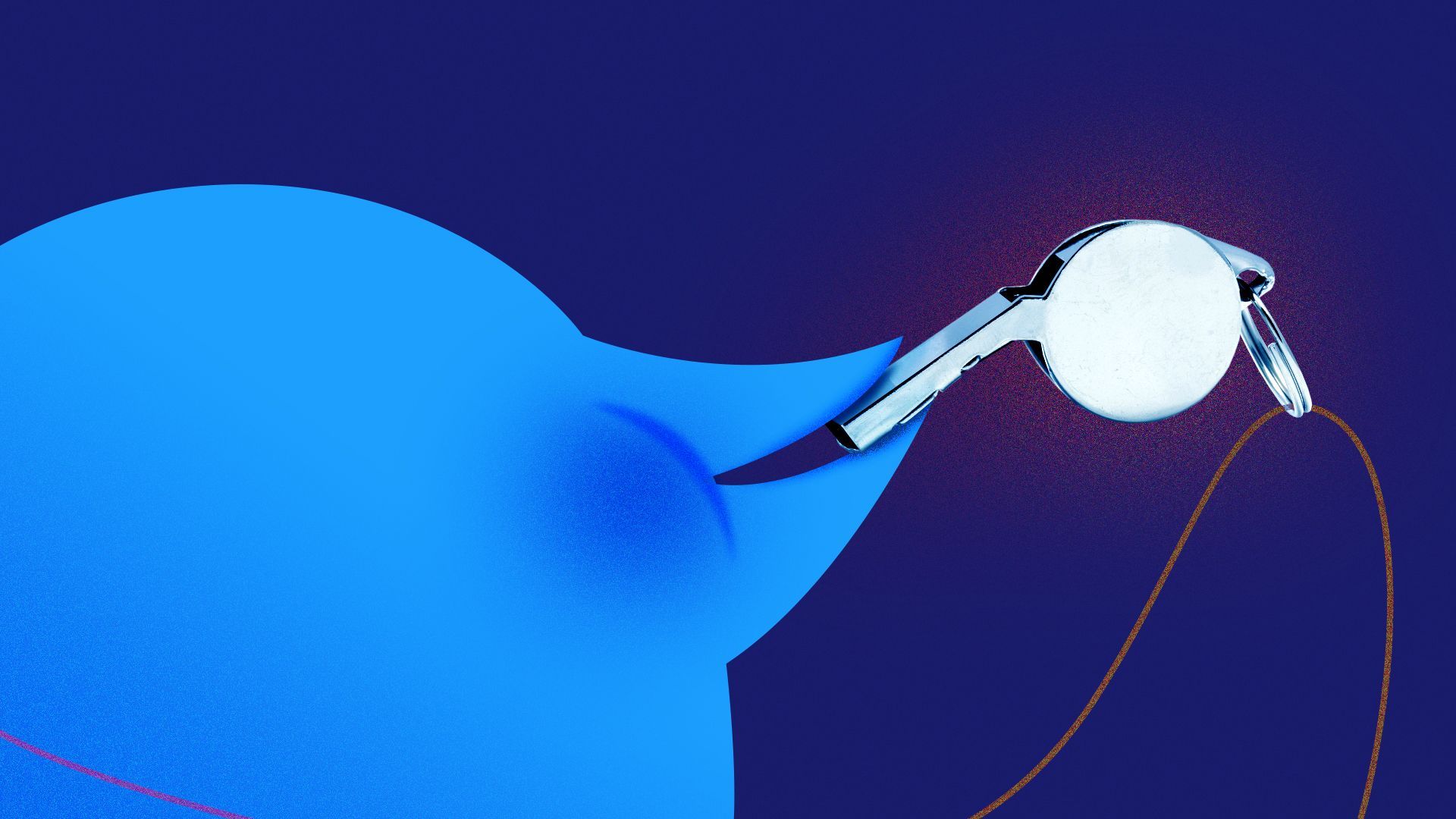 Illustration of the Twitter logo bird with a whistle in its mouth