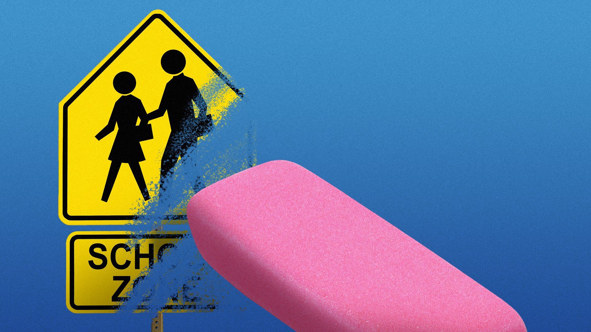 Illustration of a pink eraser erasing a school zone street sign.