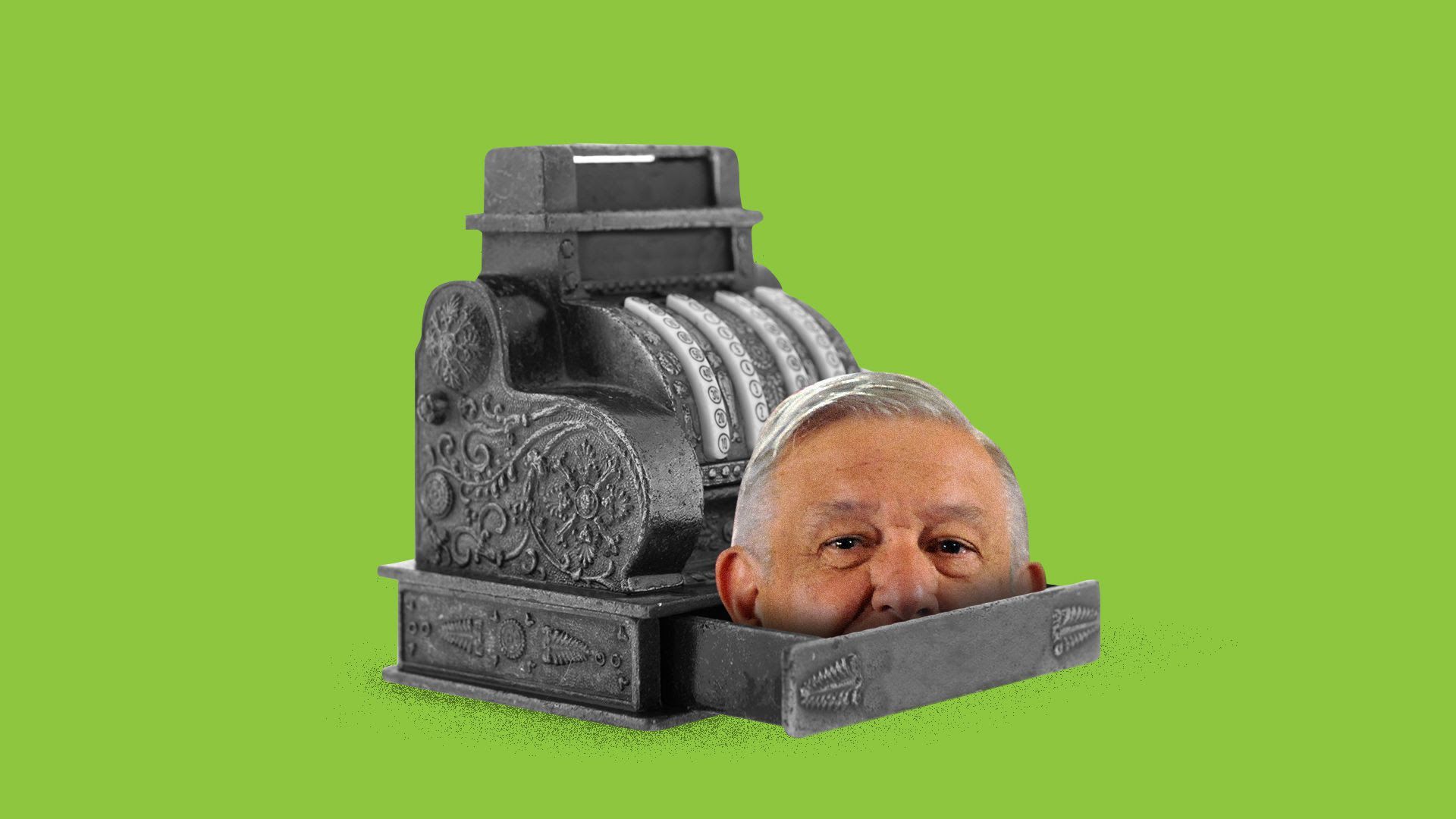 Illustration of President Andres Manuel Lopez Obrador coming out of a cash register drawer.