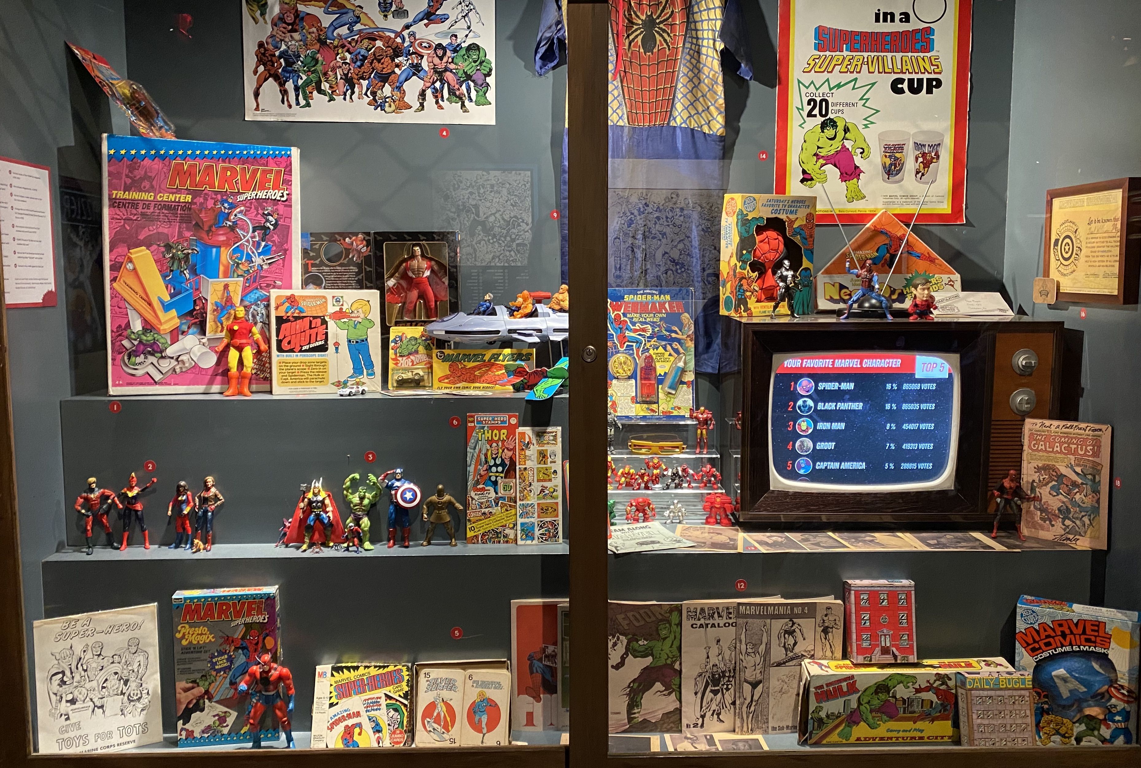 A display of vintage superhero toys behind a window