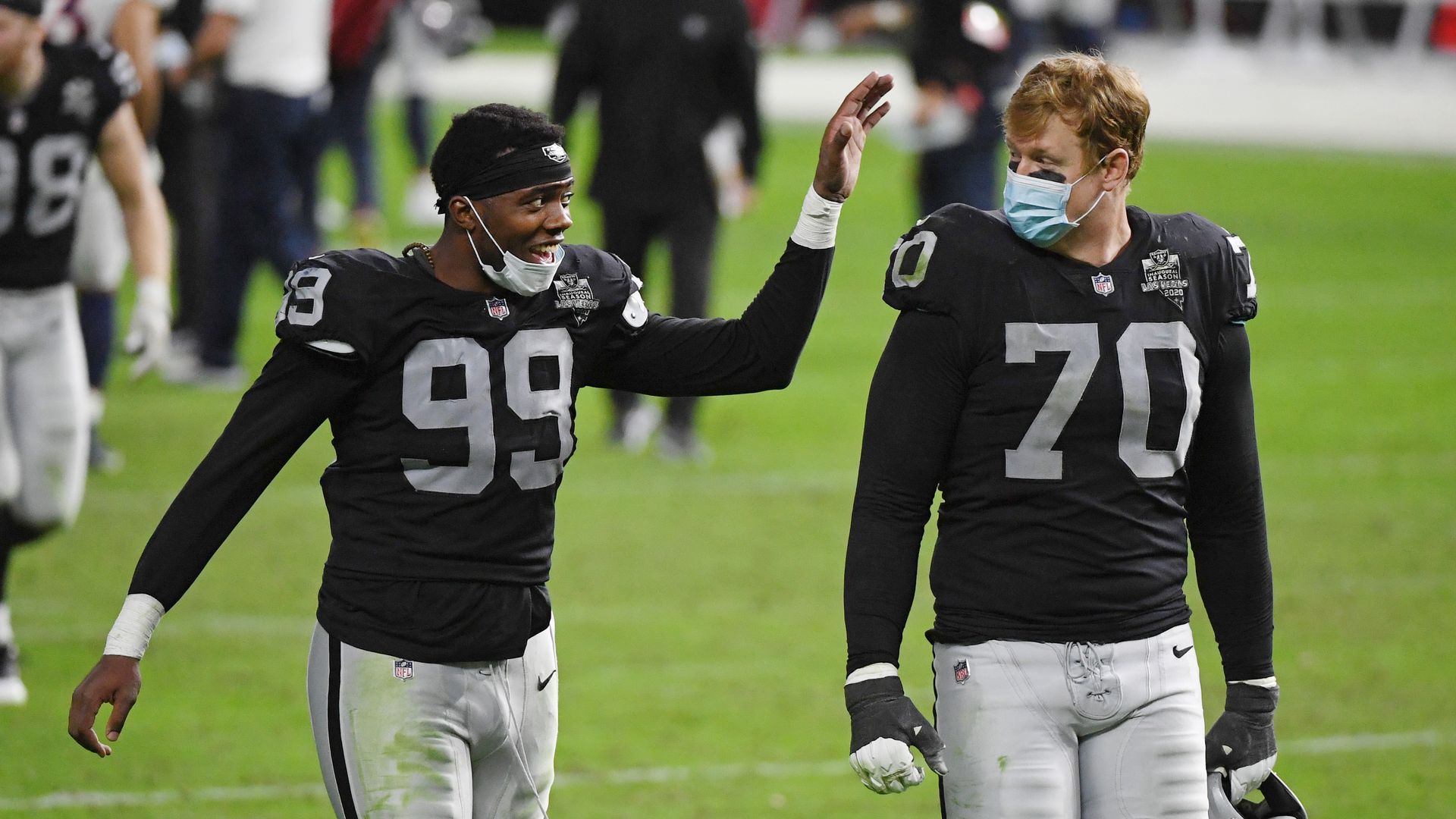  Defensive end Arden Key and offensive tackle Sam Young at Allegiant Stadium on Nov. 1.