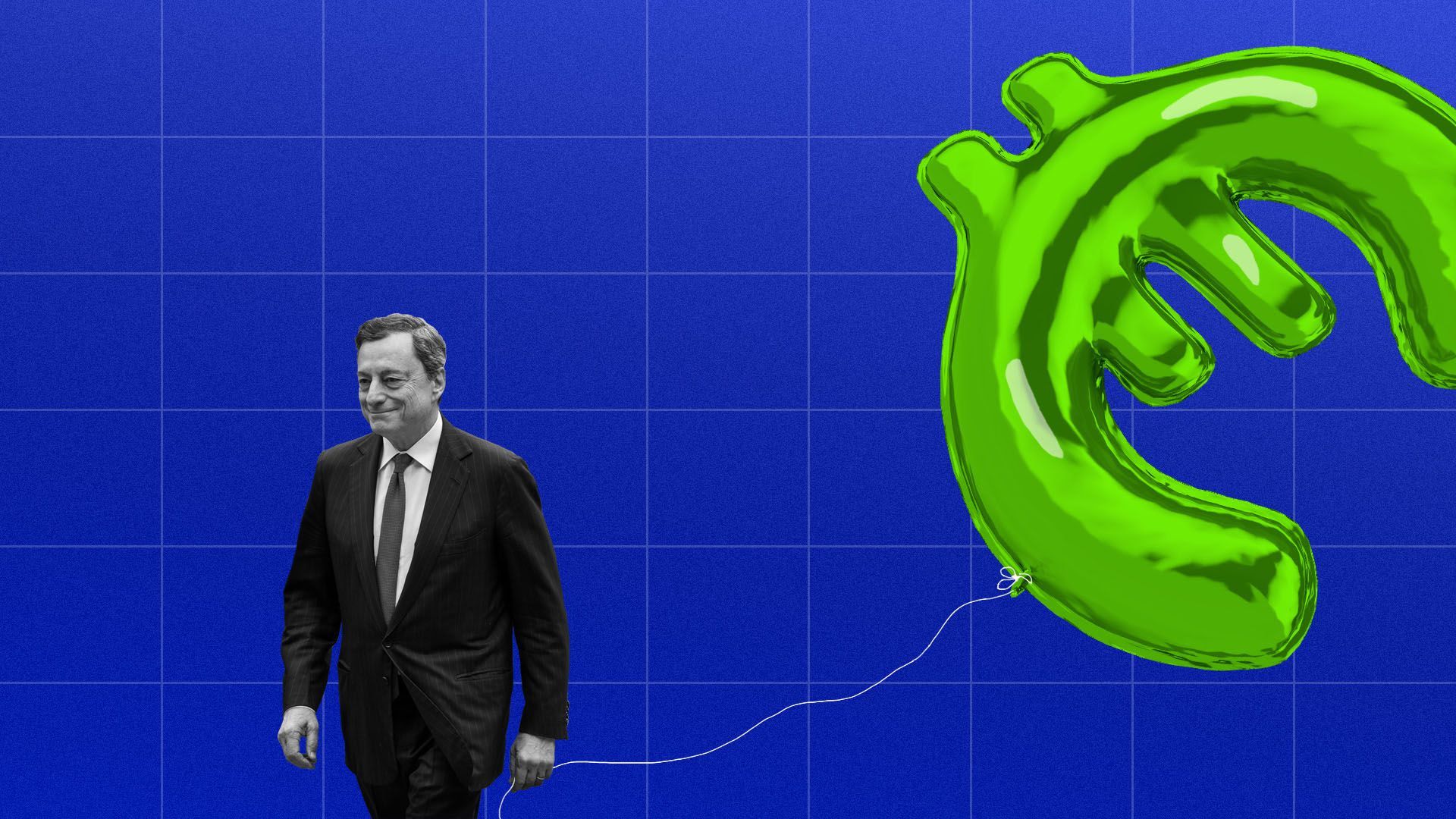 Mario Draghi holding a euro shaped balloon. 