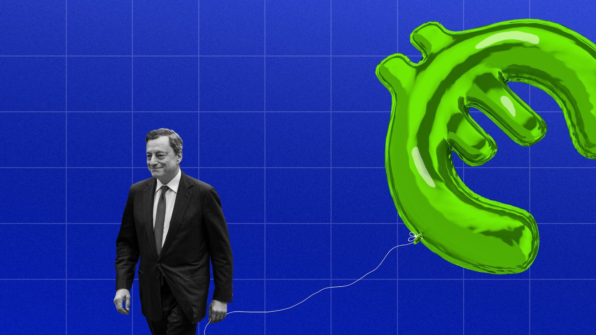 Mario Draghi holding a euro shaped balloon.