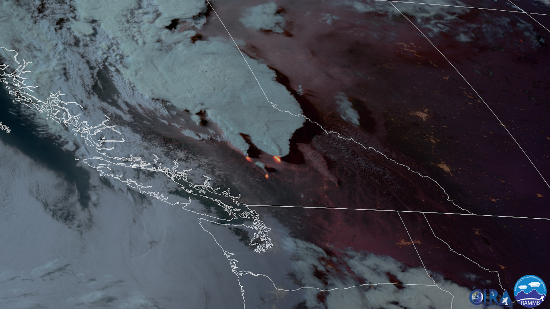 Satellite view of wildfires erupting in British Columbia on June 30, 2021. 