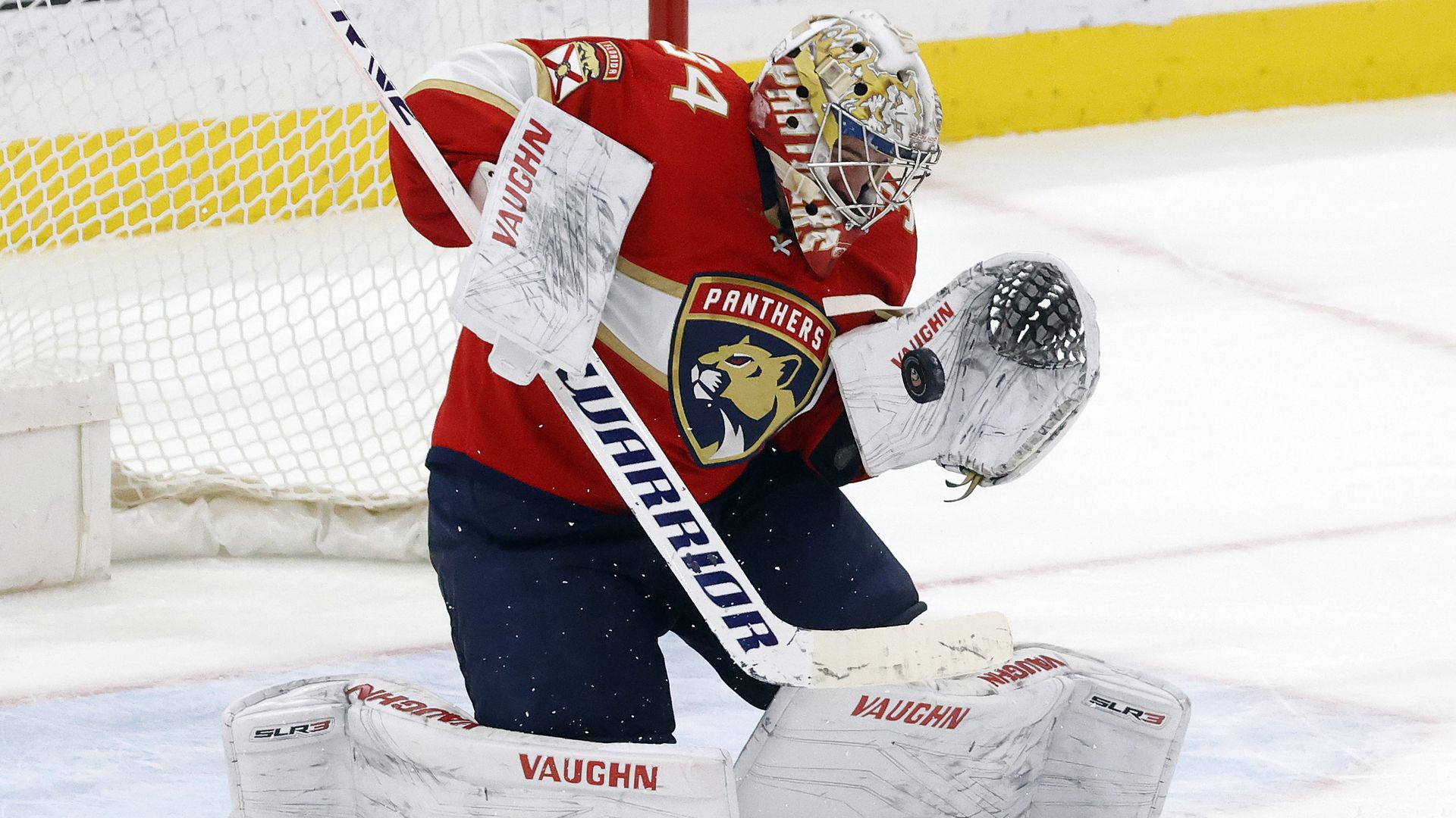 SUNRISE, FL - APRIL 10: Goaltender Alex Lyon #34 of the Florida Panthers stops a shot during overtime by the Toronto Maple Leafs at the FLA Live Arena on April 10, 2023 in Sunrise, Florida. (Photo by Joel Auerbach/Getty Images)