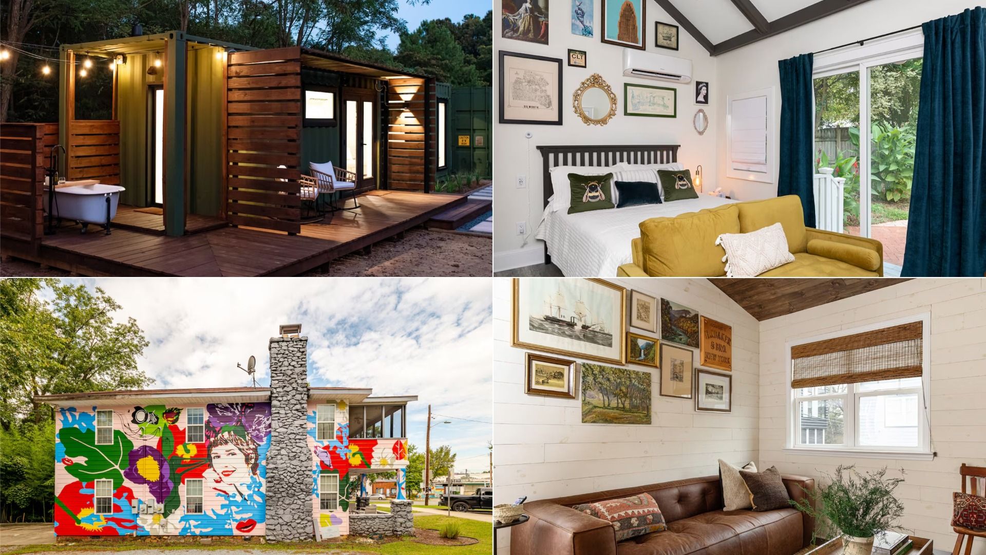 Collage of four images: a lit wooden cabin with outdoor tub at dusk; a cozy bedroom with yellow sofa, blue curtains, and art on wall; a house with colorful floral mural; a bright living room with brown leather couch and framed art.