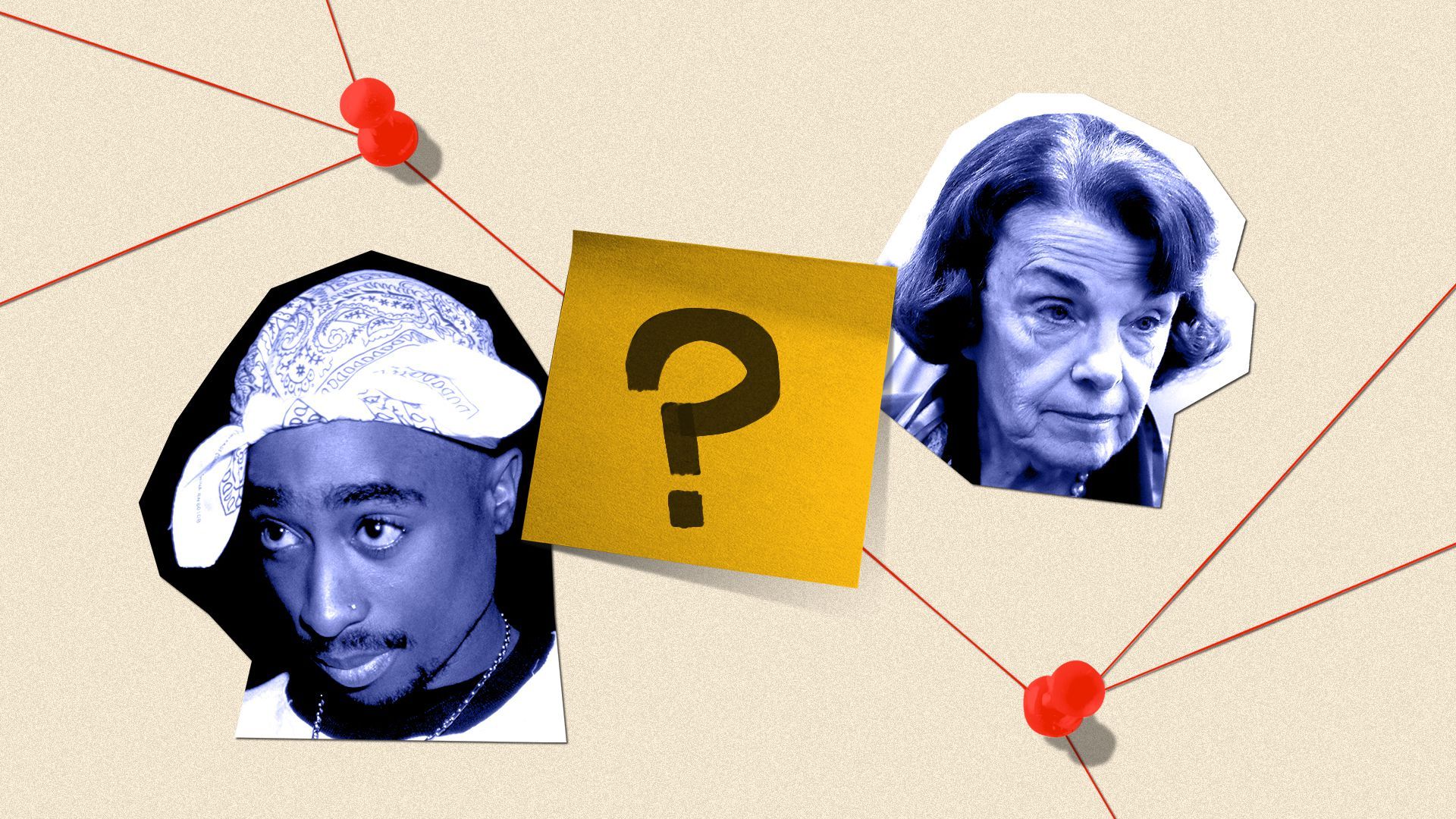 Photo illustration of cutouts of Tupac Shakur and Dianne Feinstein on a board with pins and string, and a sticky note with a question mark on it.