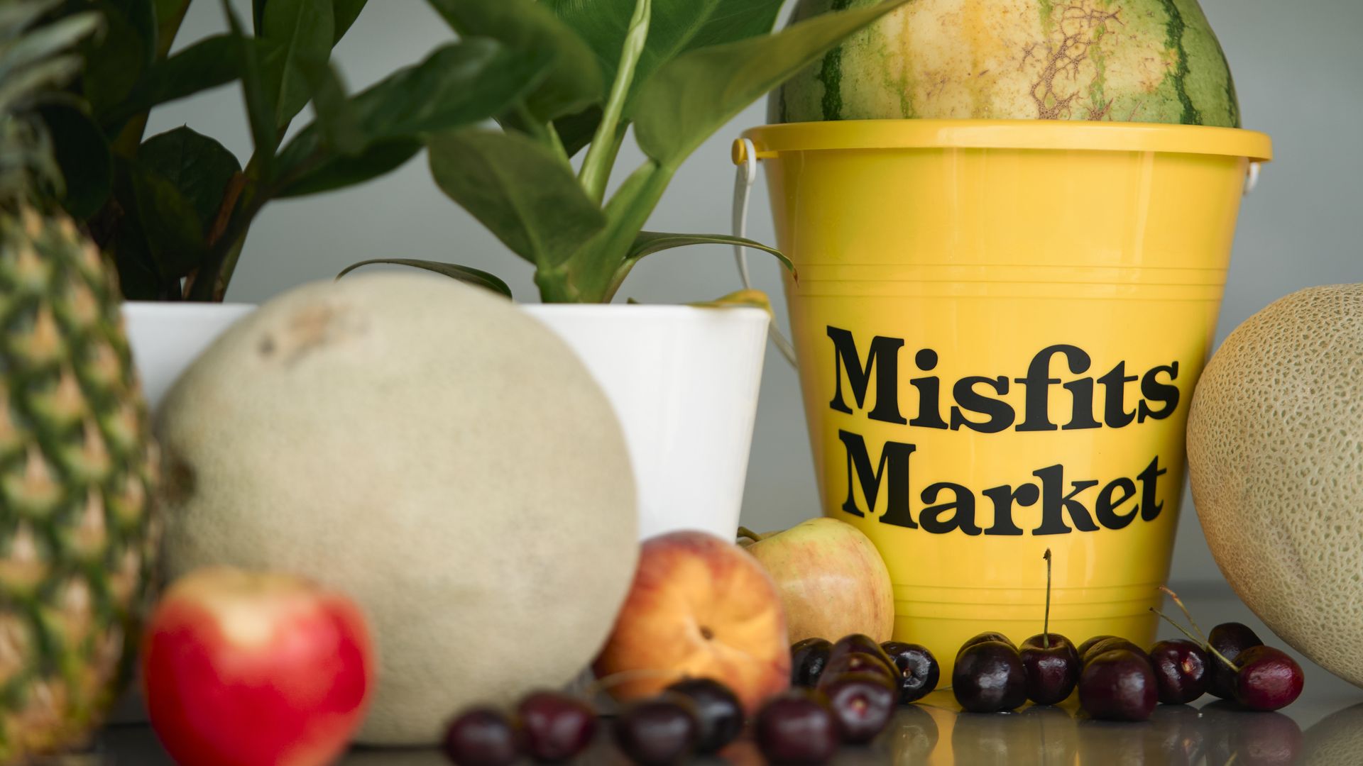A yellow bucket with Misfits Markets spelled out in a dark lettering on it is surrounded by varying produce, including cherries, peaches and melons.