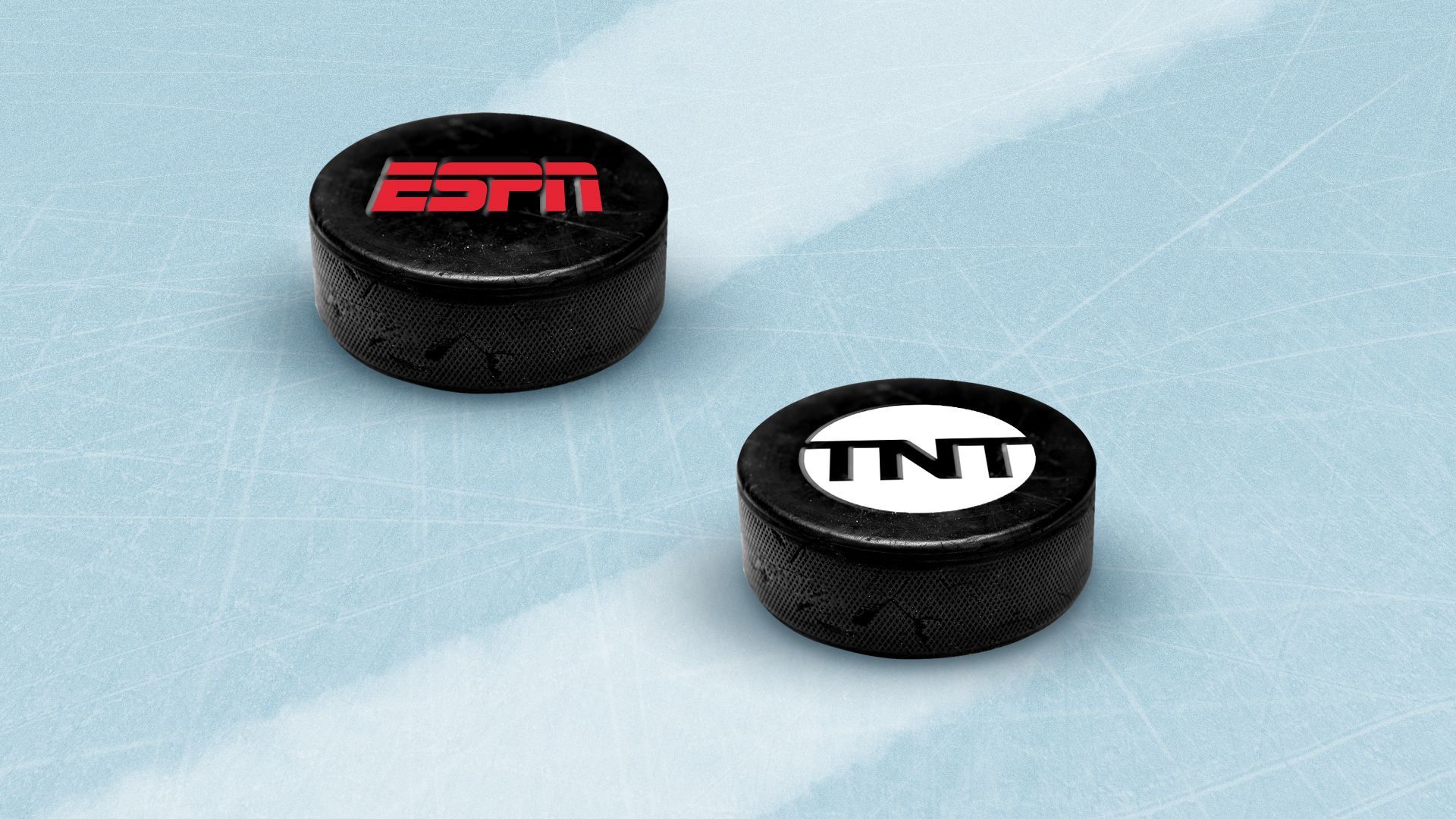 Illustration of two hockey pucks with the ESPN and TNT logos on them, sliding across the ice.