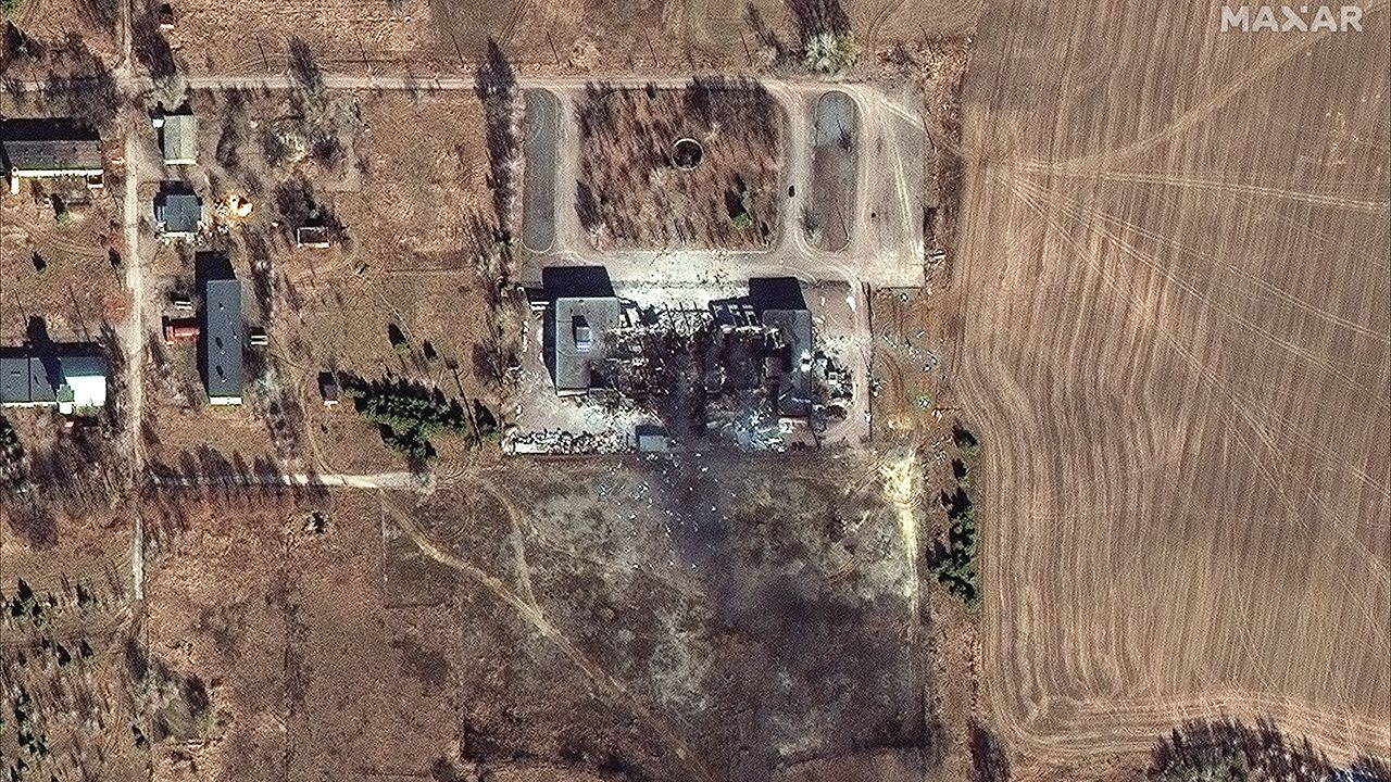 A destroyed factory building west of Chernihiv, Ukraine is shown in newly released satellite imagery. Photo: Maxar Technologies
