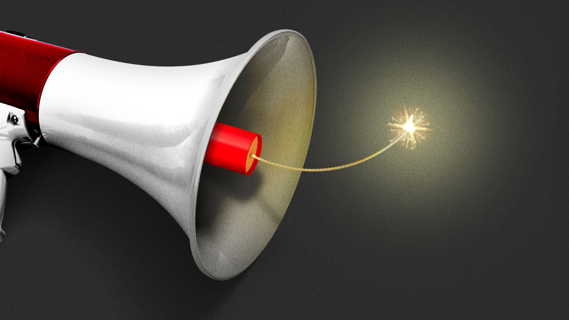 Illustration of a lit stick of dynamite inside of a megaphone.
