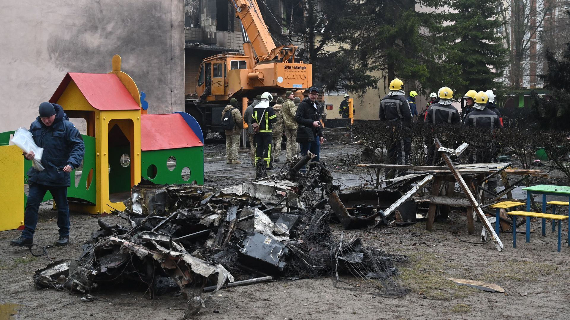 Debris from a helicopter crash in Brovary. 