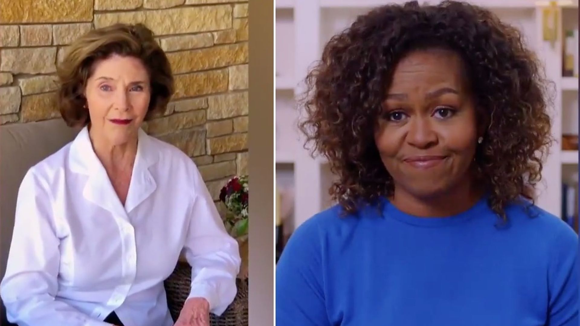 A screenshot of former first ladies Michelle Obama and Laura Bush 