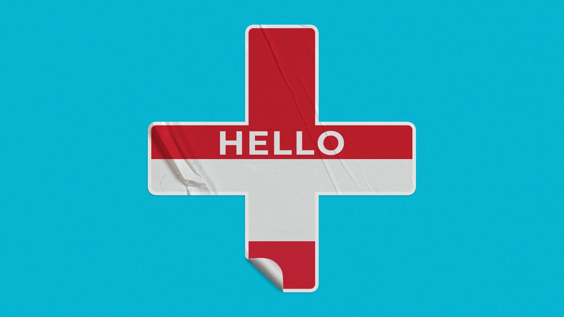 Illustration of “Hello, My name is” sticker in the shape of a health plus