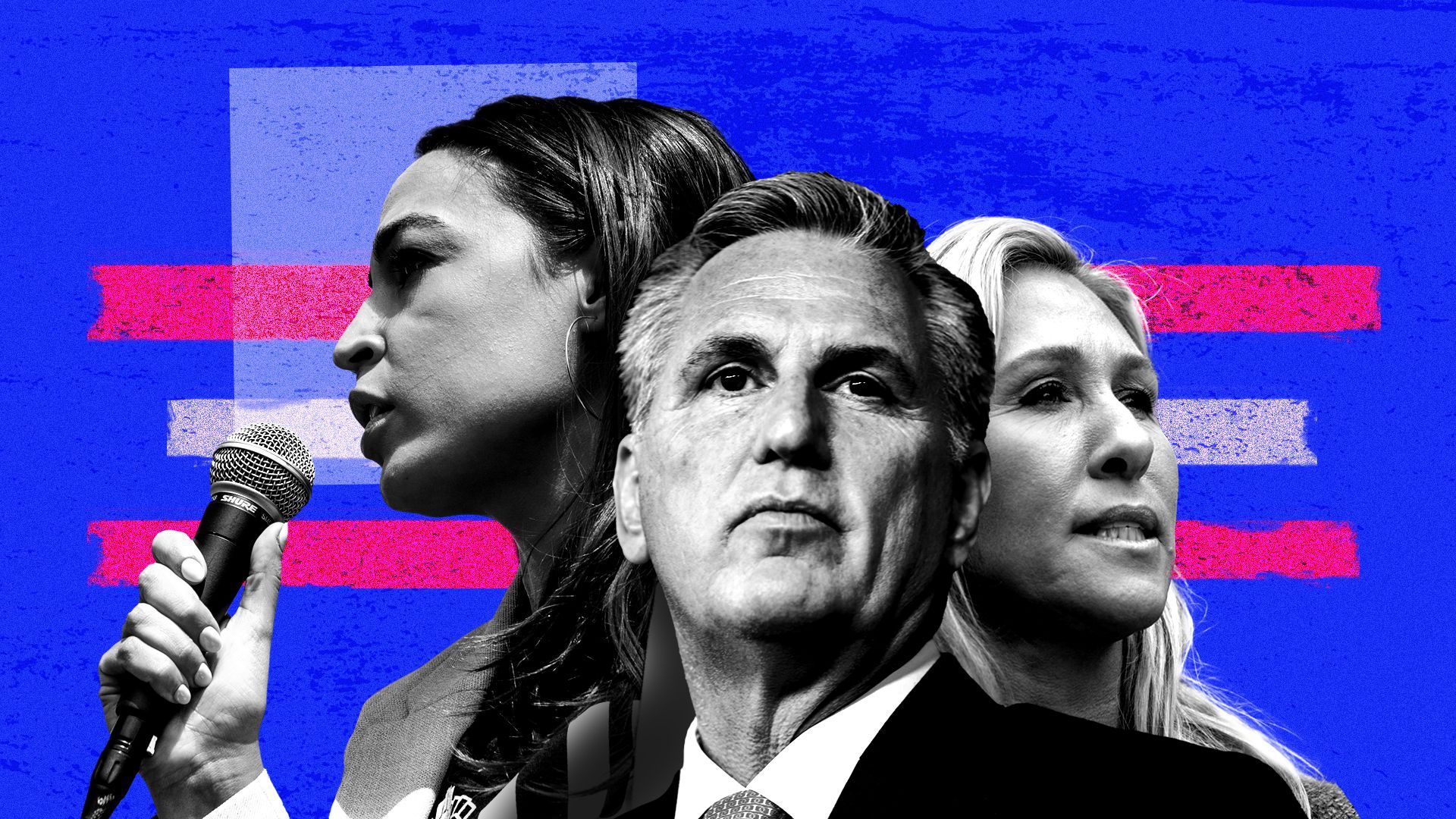 Photo illustration of Representatives Alexandria Ocasio-Cortez, Kevin McCarthy, and Marjorie Taylor Greene with lines and squares behind them